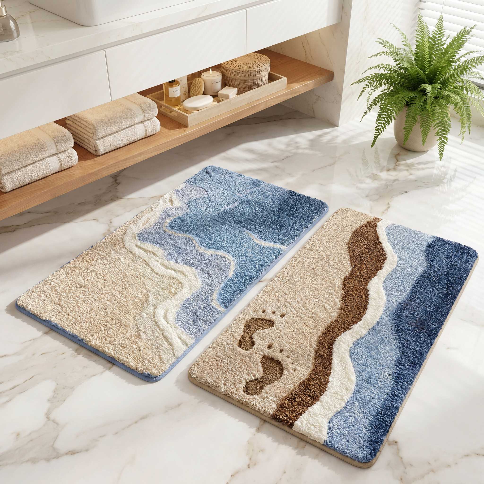 Both colorways of the coastal bath mat together