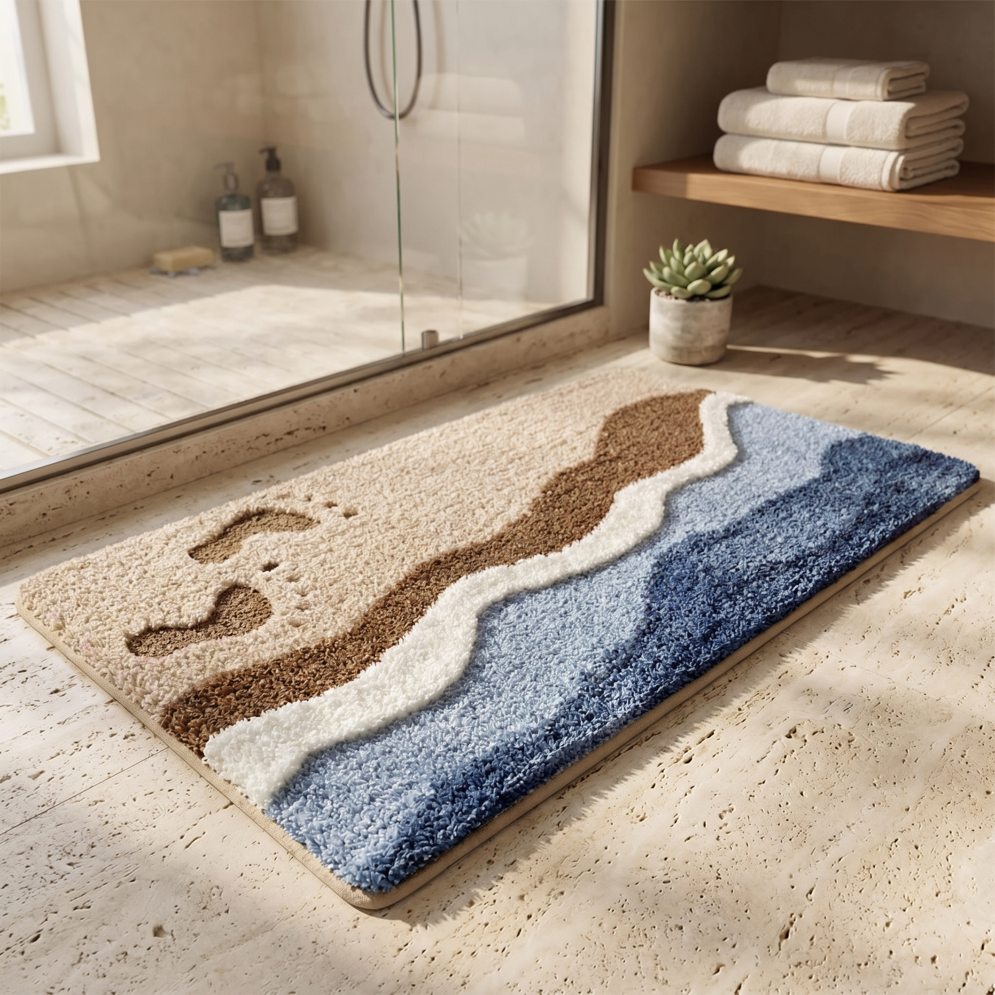 Coastal Steps bath mat by a walk-in shower