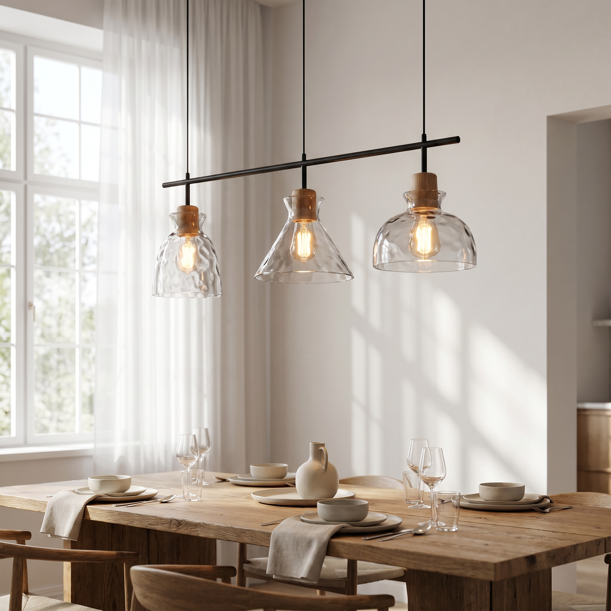 Chiara linear 3-light pendant over a dining table