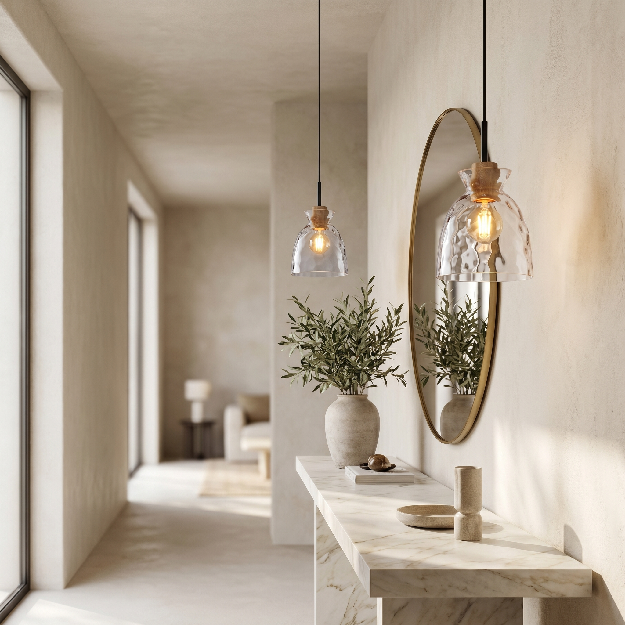 Chiara bell pendants over a hallway console
