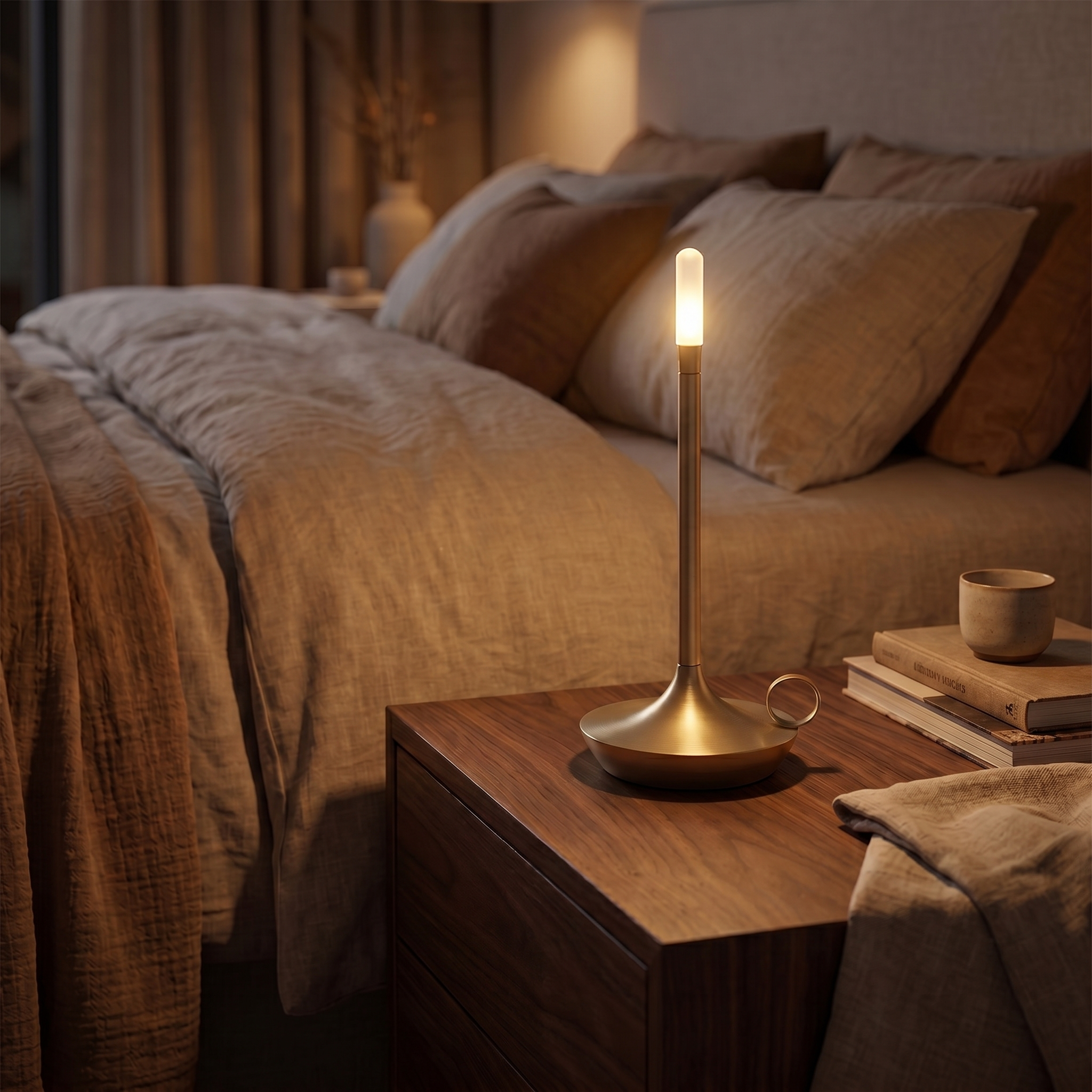 Fiamma gold lamp on a bedside table