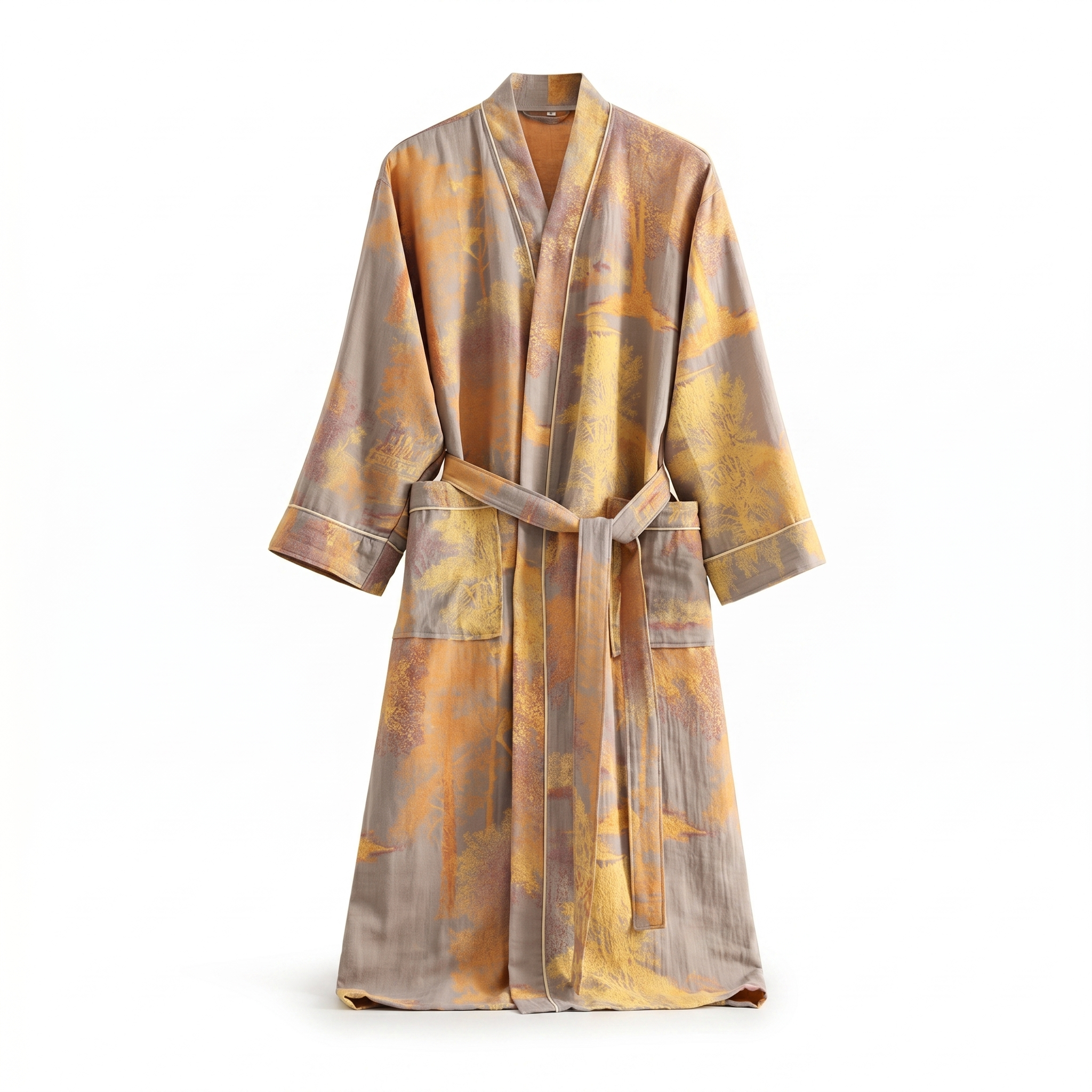 Aurelia cotton gauze kimono robe in golden watercolor print, front view