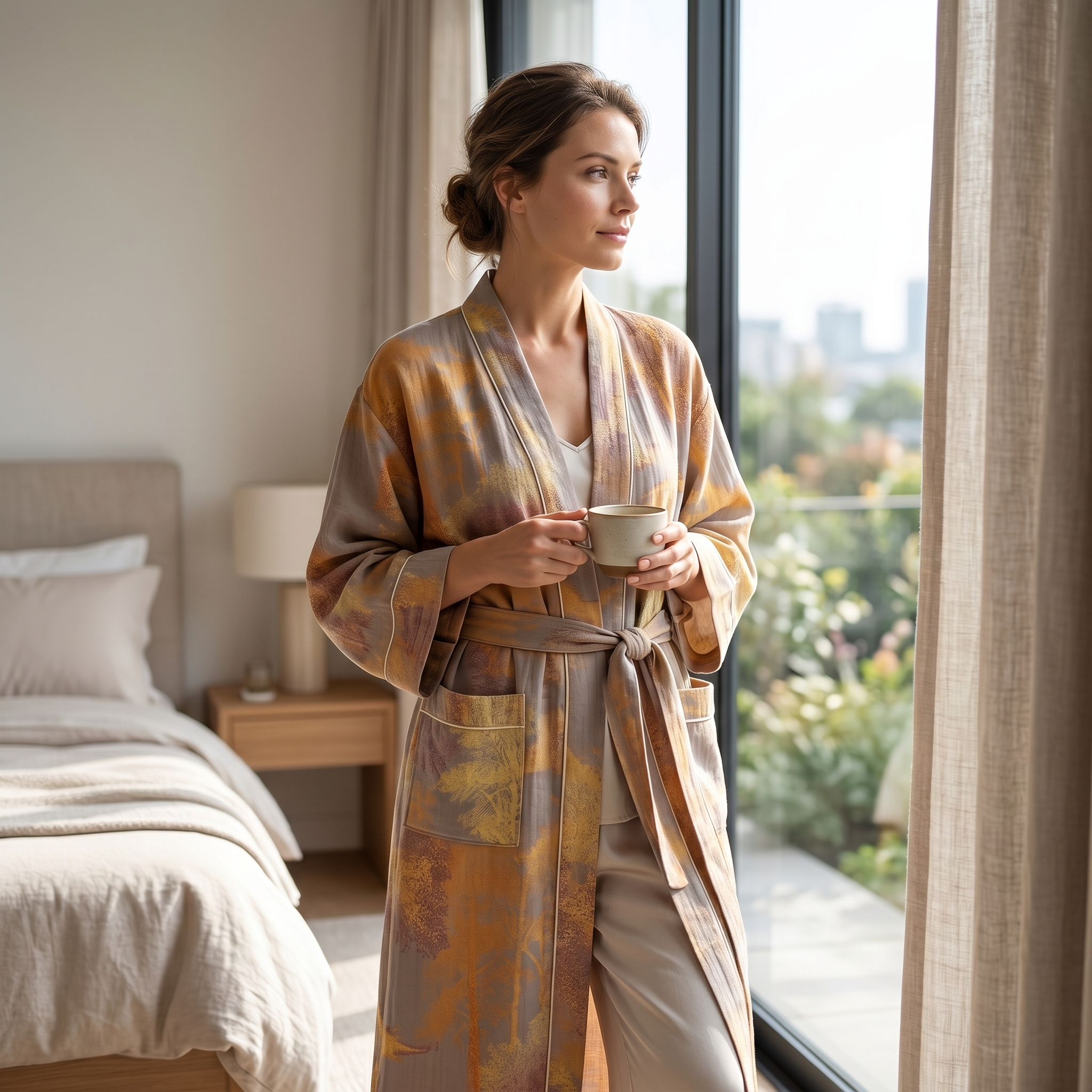 Woman wearing Aurelia cotton gauze kimono robe by a sunlit window