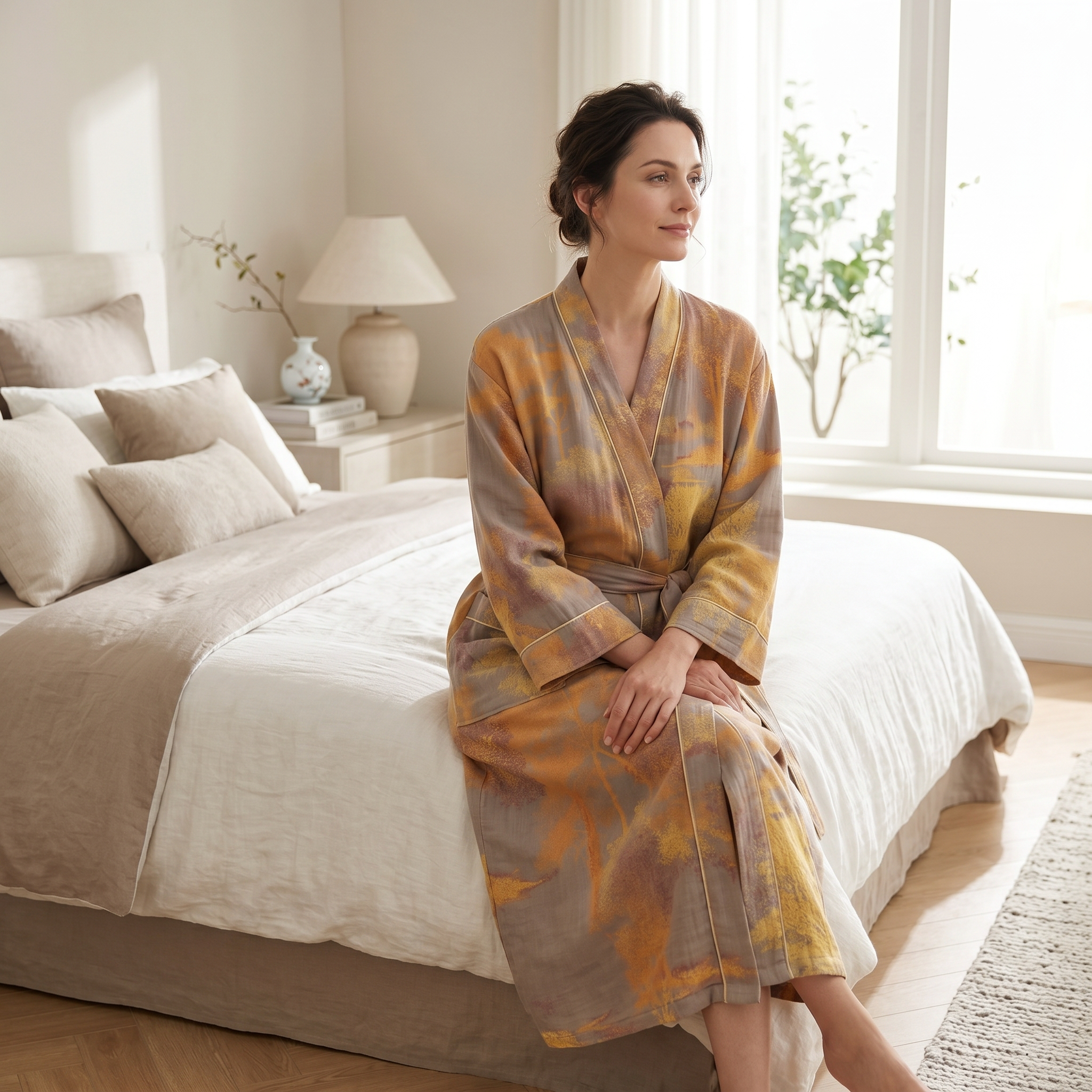 Woman relaxing in Aurelia kimono robe on a bed in a bright bedroom