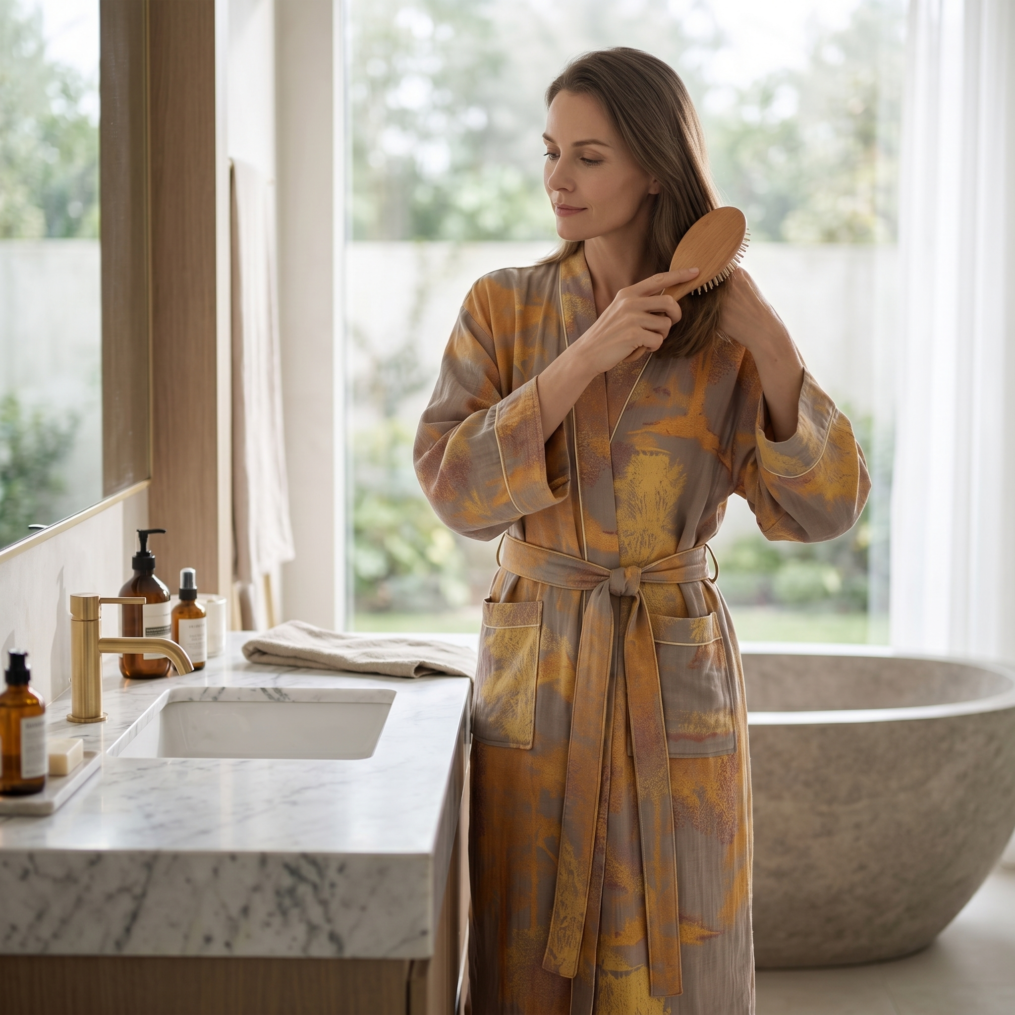 Woman in Aurelia cotton gauze robe at a marble vanity