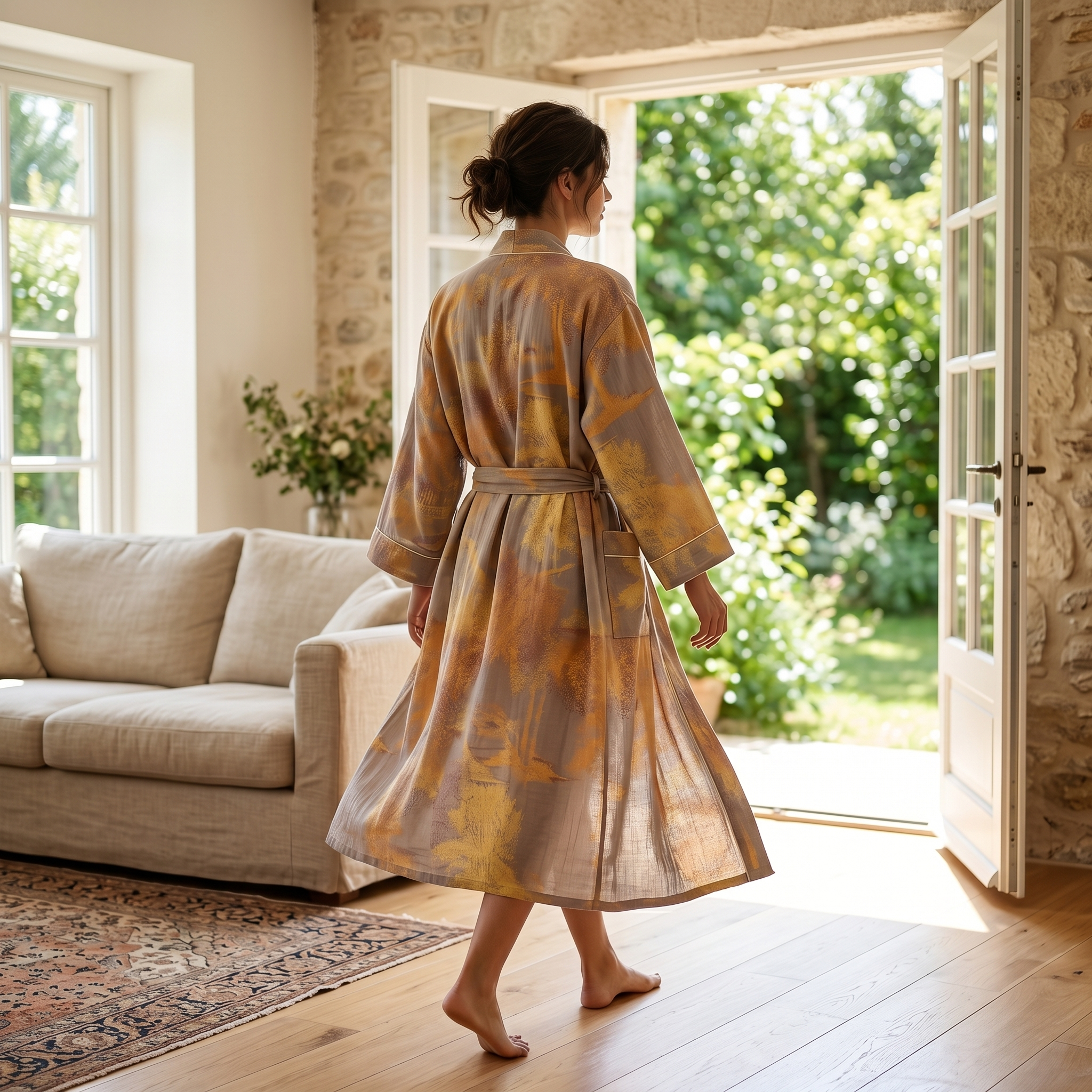 Woman in Aurelia kimono robe walking toward a sunlit garden