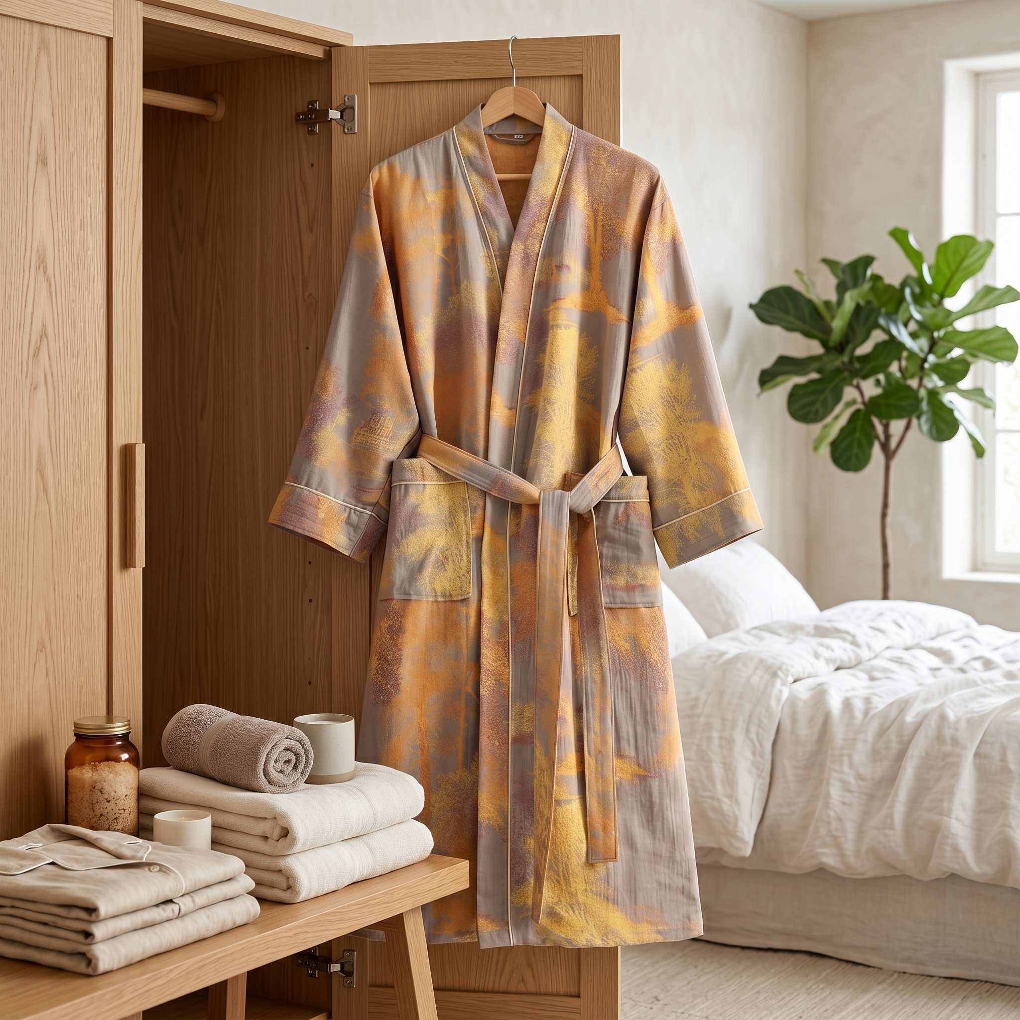 Aurelia cotton gauze kimono robe hung on a wooden hanger
