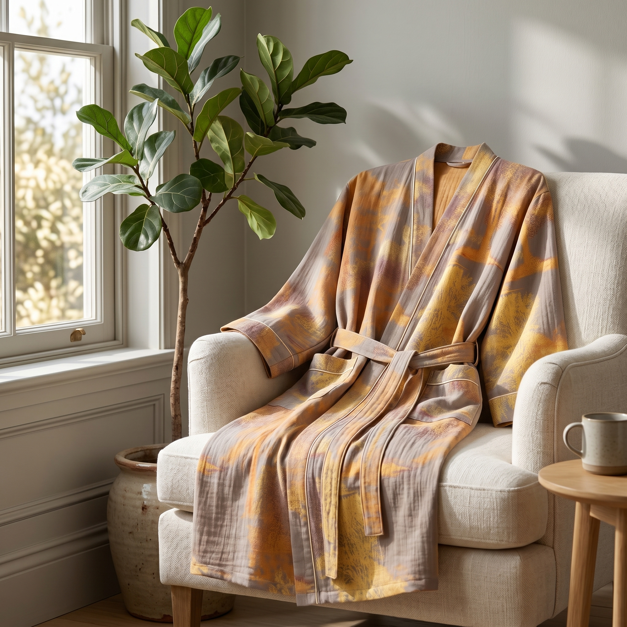 Aurelia kimono robe draped over a linen armchair by a window