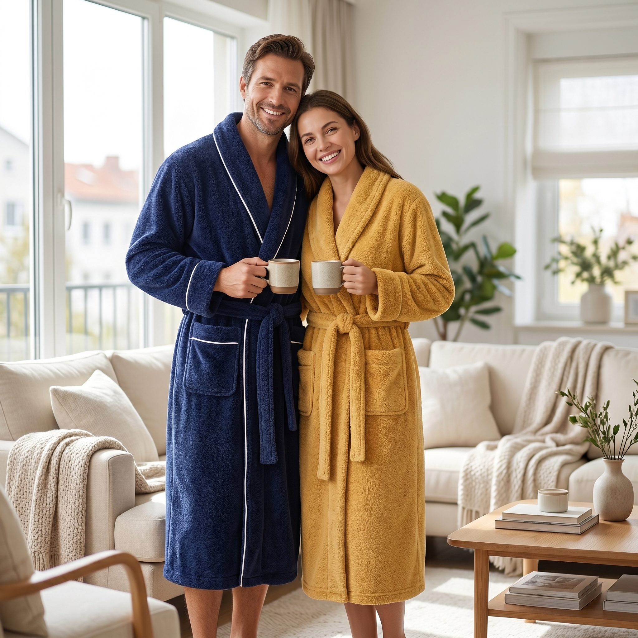 Couple wearing navy and yellow Tepore plush fleece robes