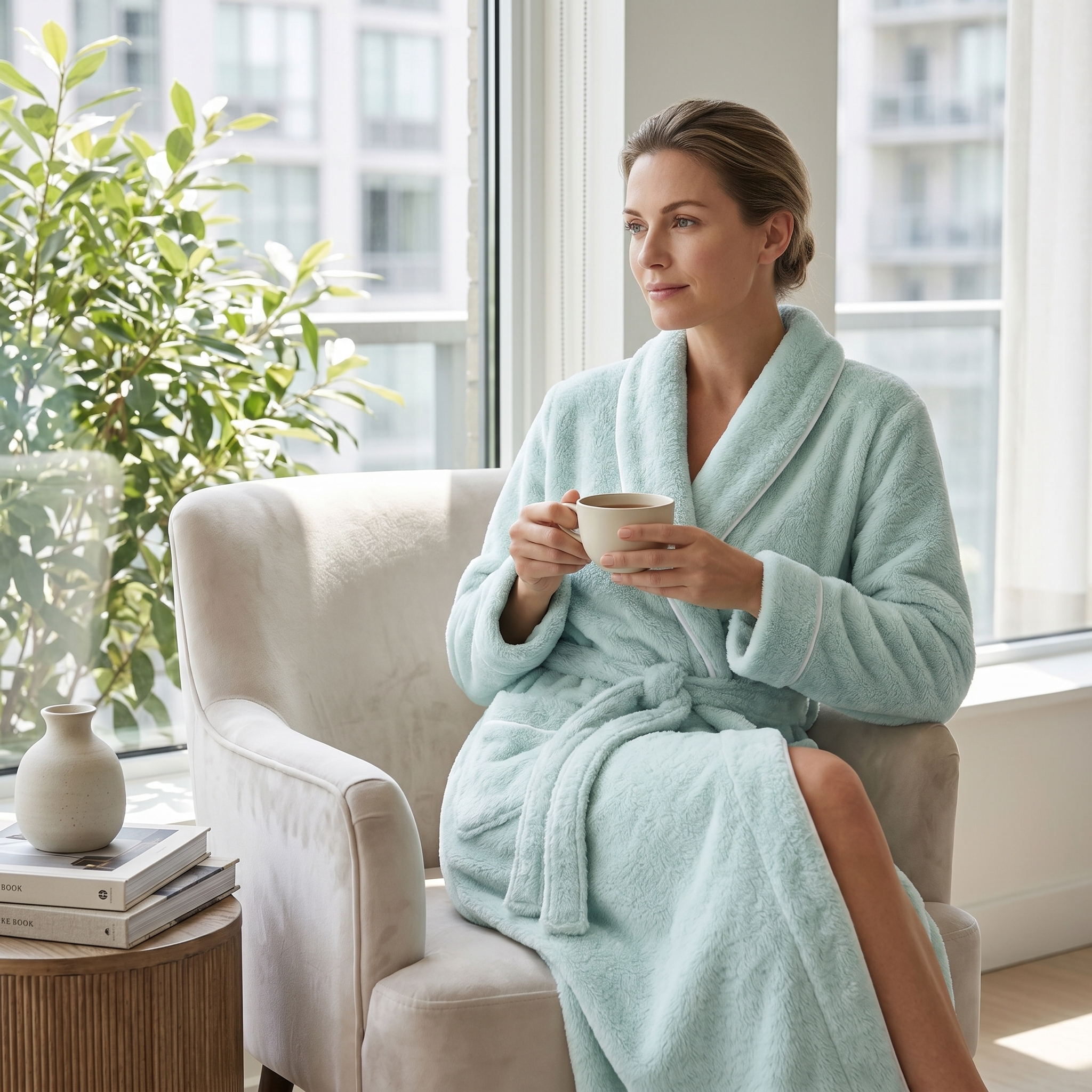Woman with tea wearing a mint green Tepore plush robe