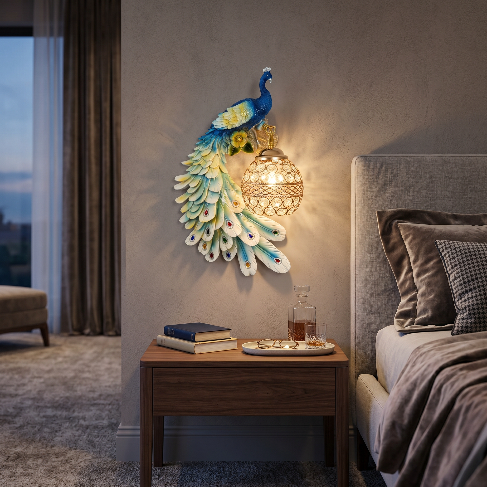 Colorful peacock sconce glowing above a bedroom nightstand