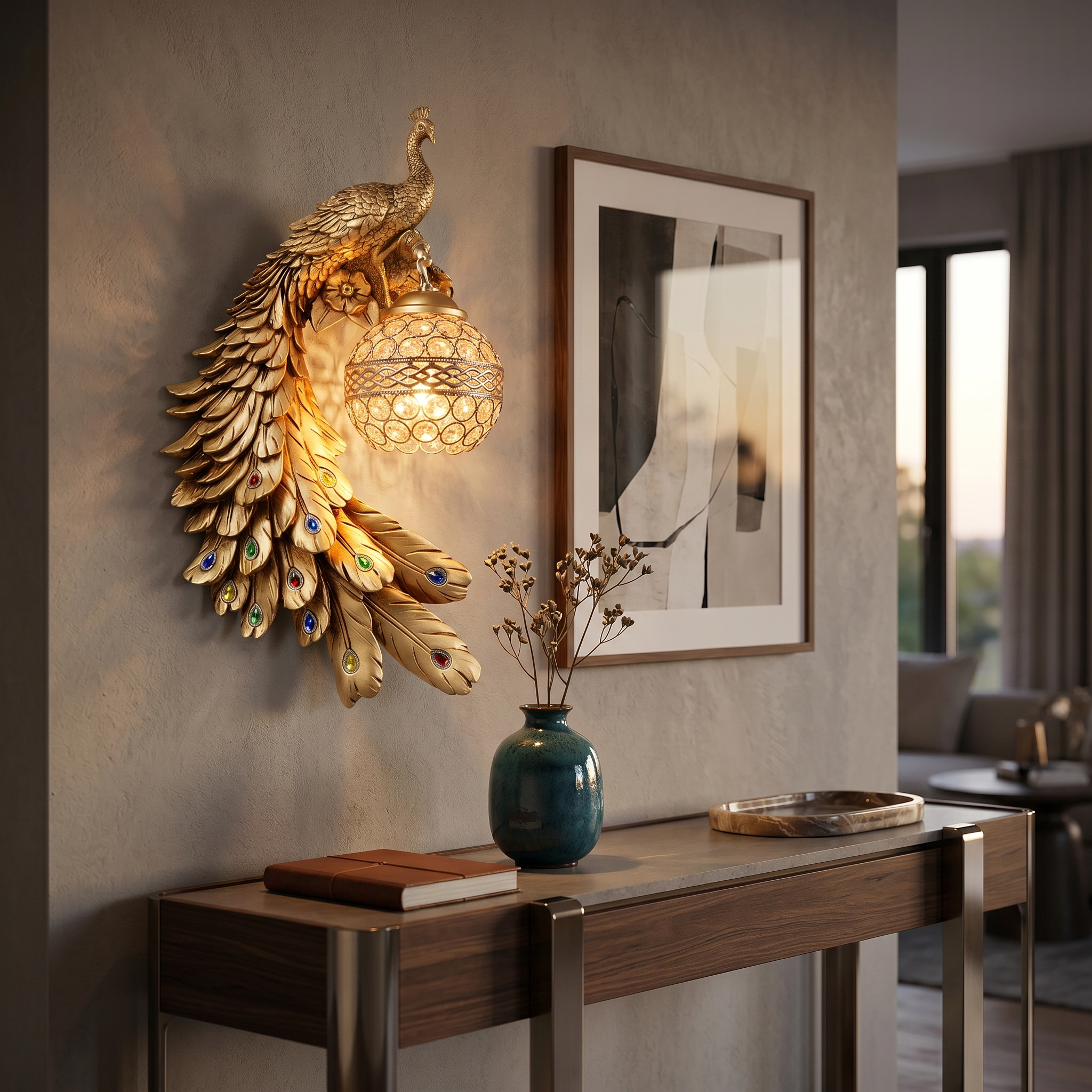 Gold peacock sconce beside framed art in a living room
