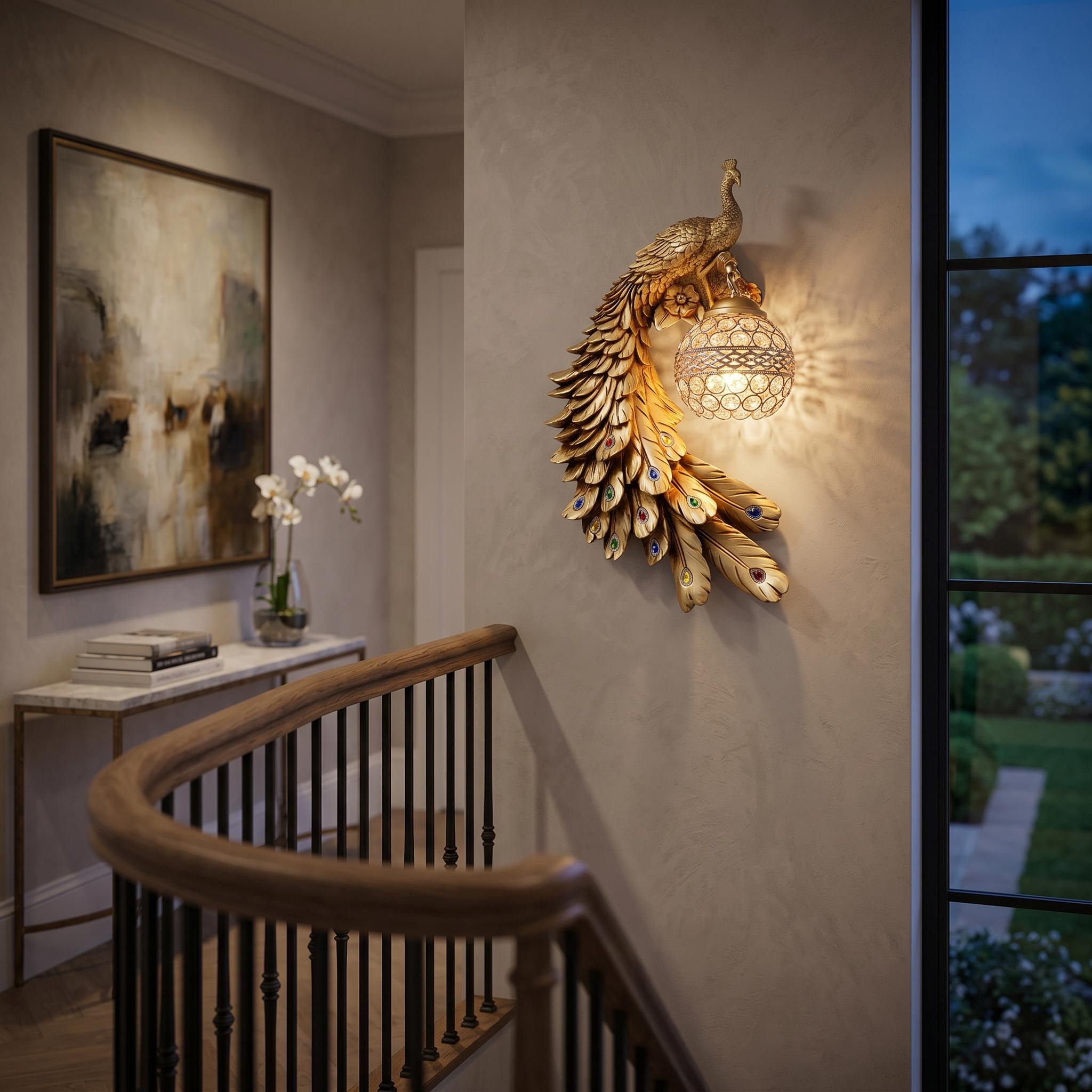 Gold peacock sconce on a staircase landing wall