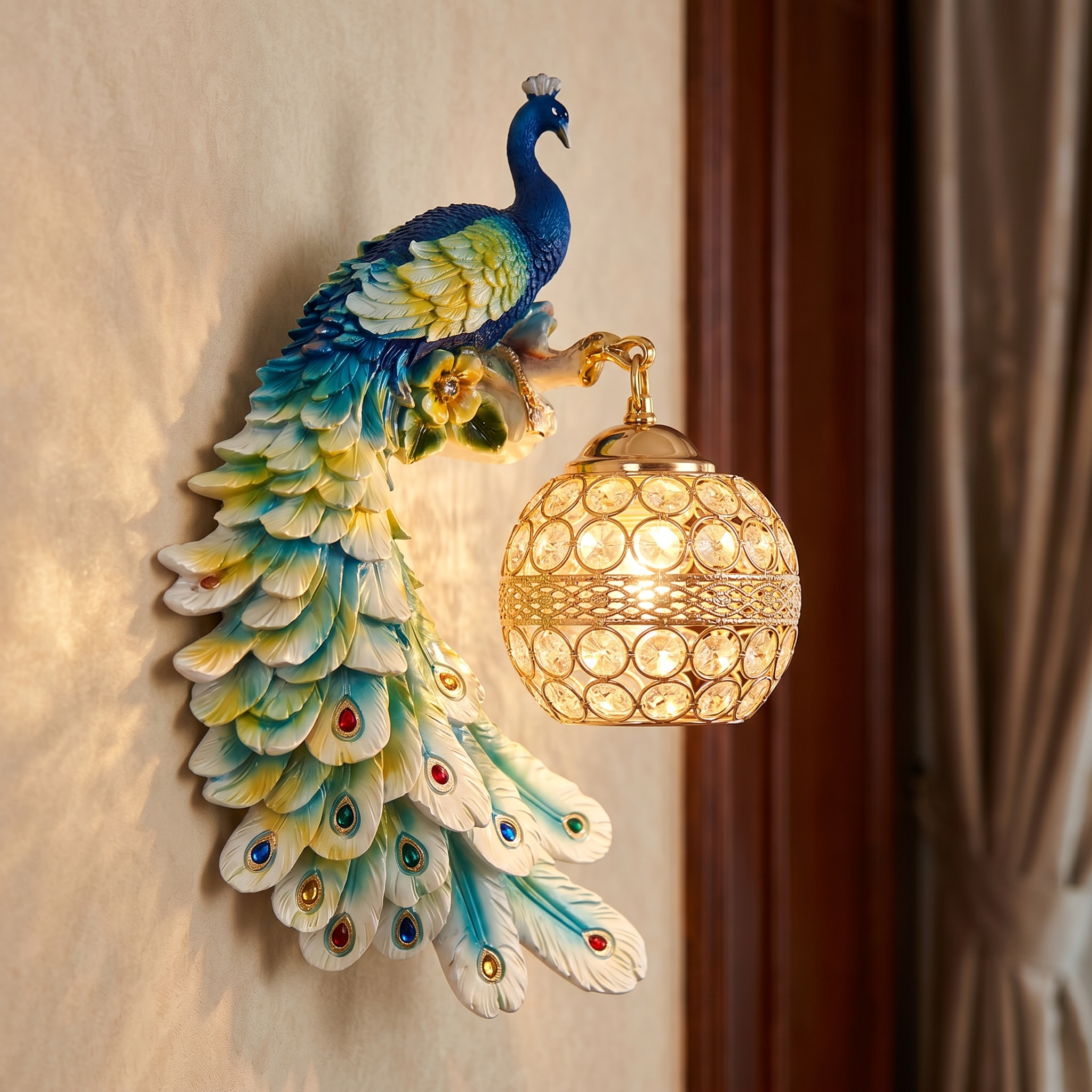 Close-up of the colorful peacock sconce glowing crystal ball and feathers