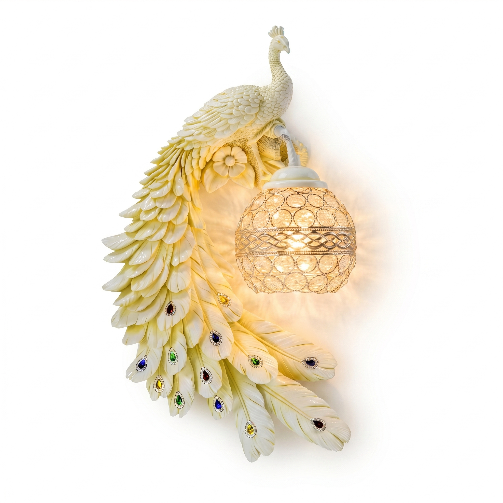 Pavone white peacock crystal wall sconce, right facing, crystal ball lit