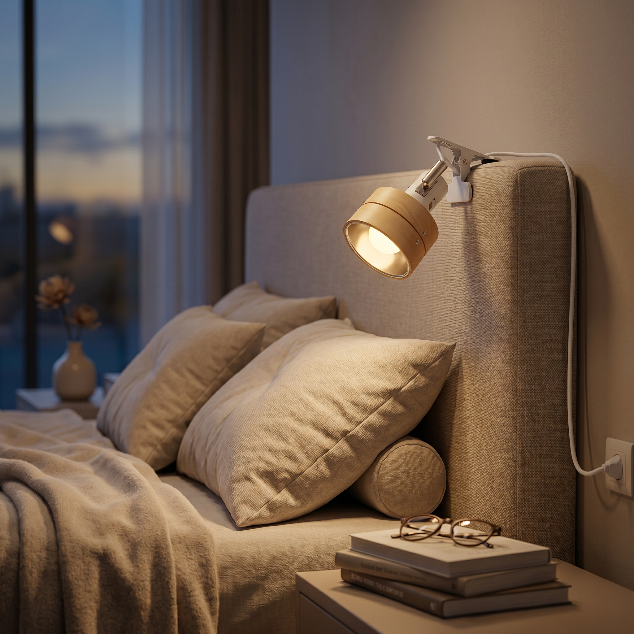 Light wood clip lamp on a bedroom headboard as a reading light