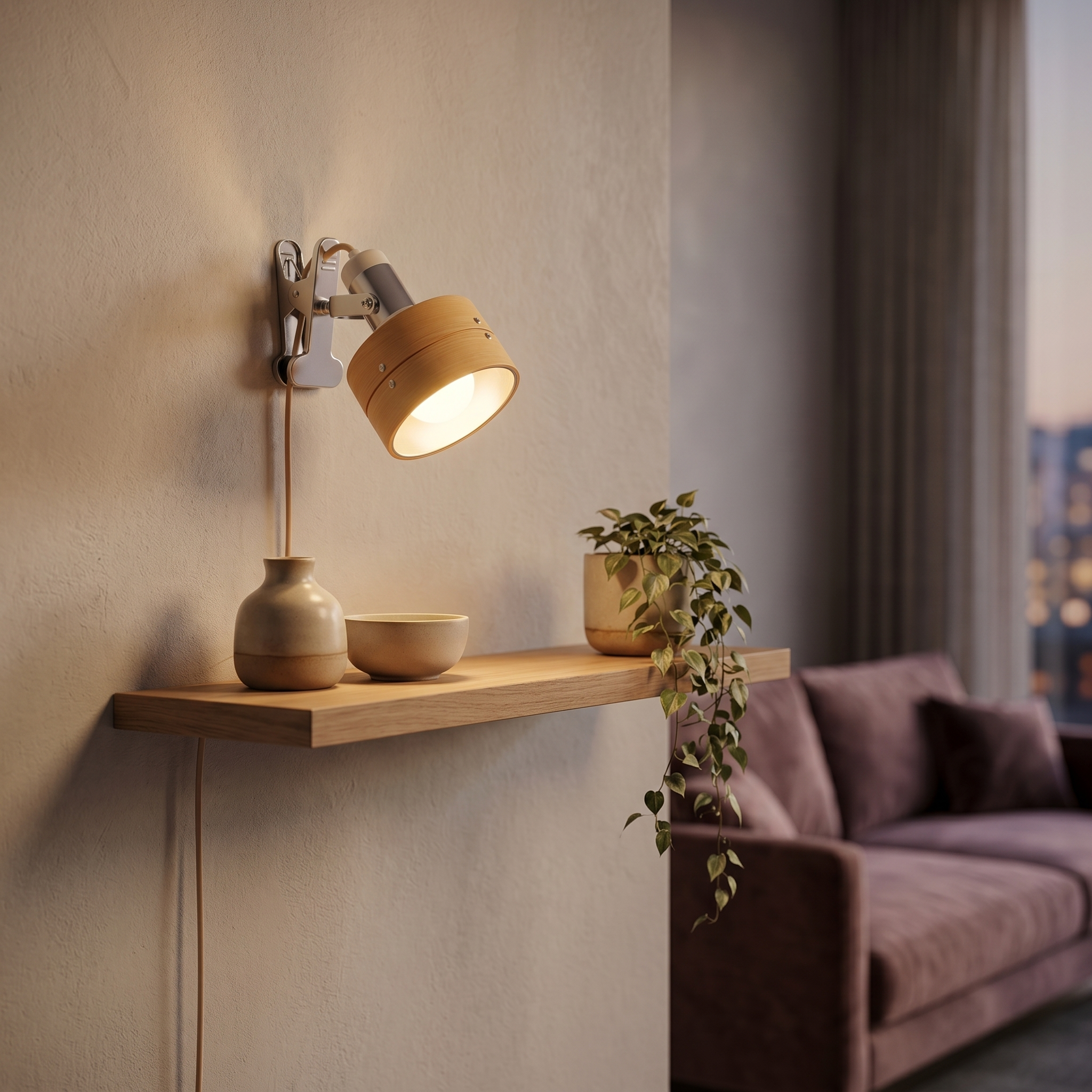 Light wood clip lamp on a floating shelf with ceramics