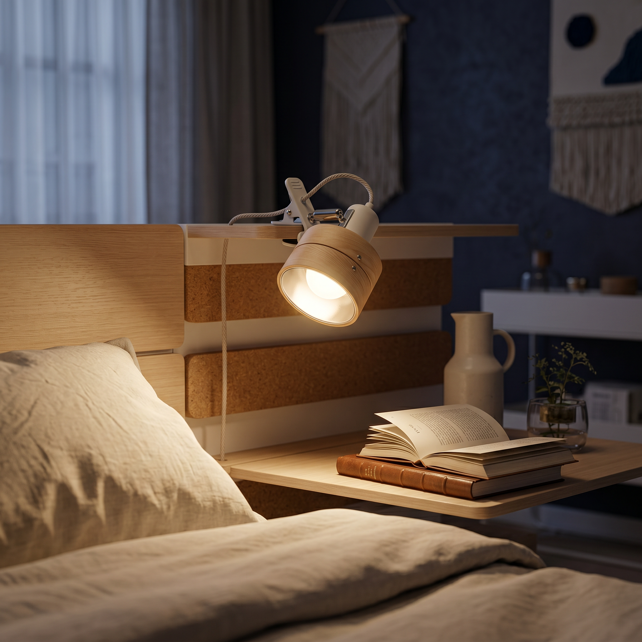 Light wood clip lamp on a bedside shelf glowing at night