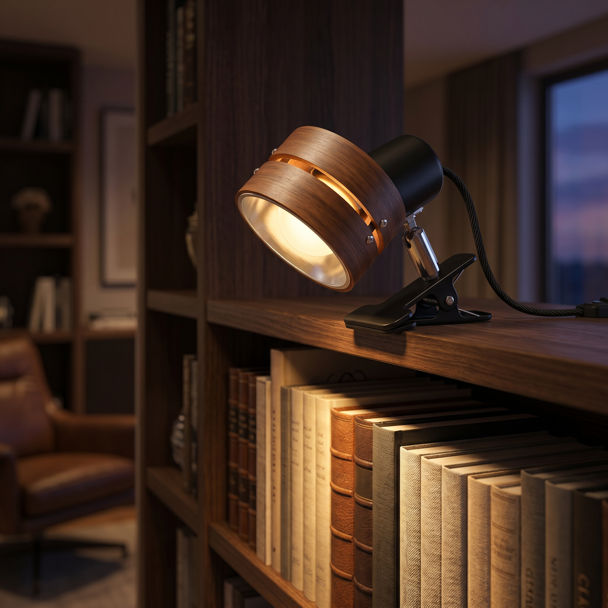 Walnut clip lamp clamped to a bookshelf edge glowing over books