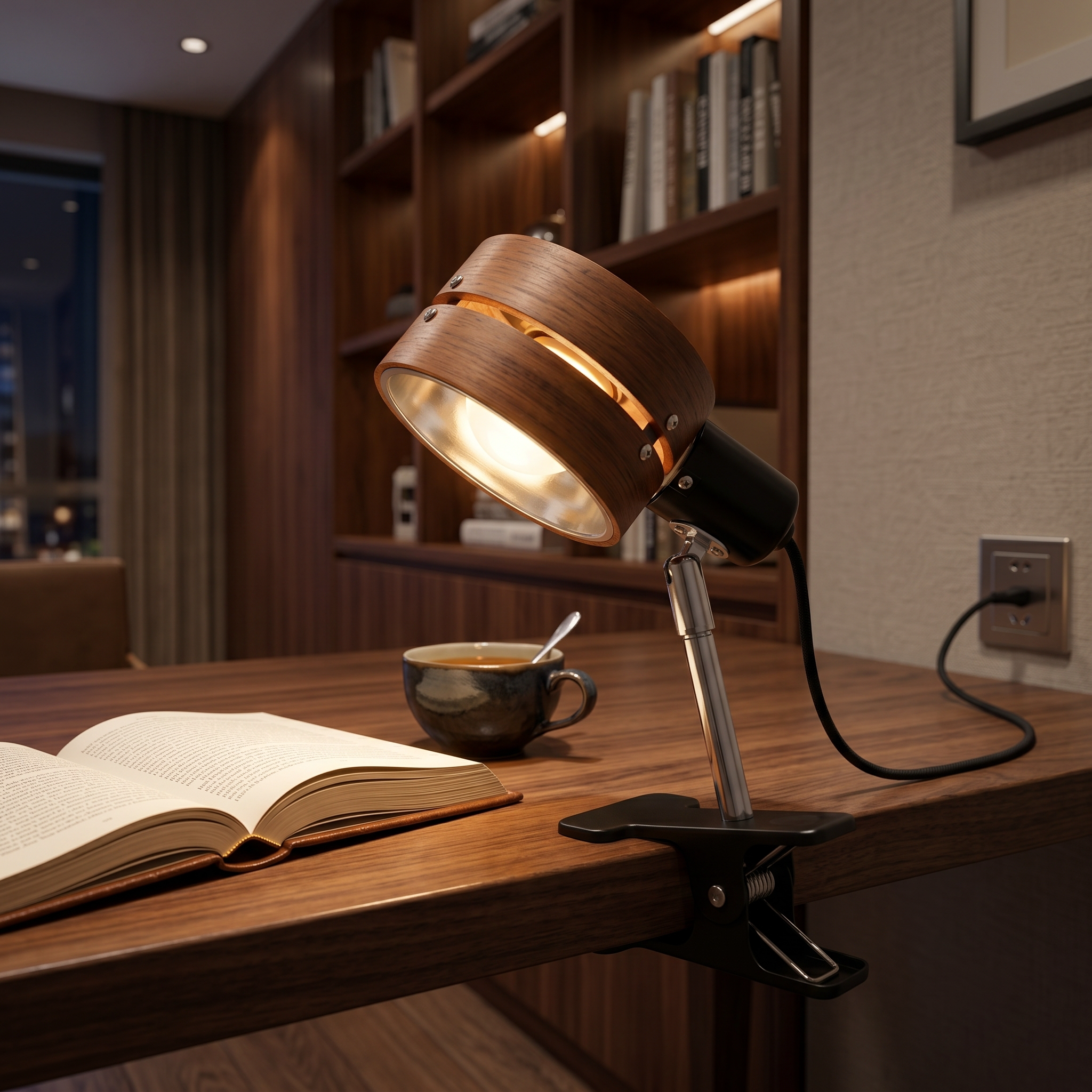 Walnut clip lamp clamped to a desk over an open book