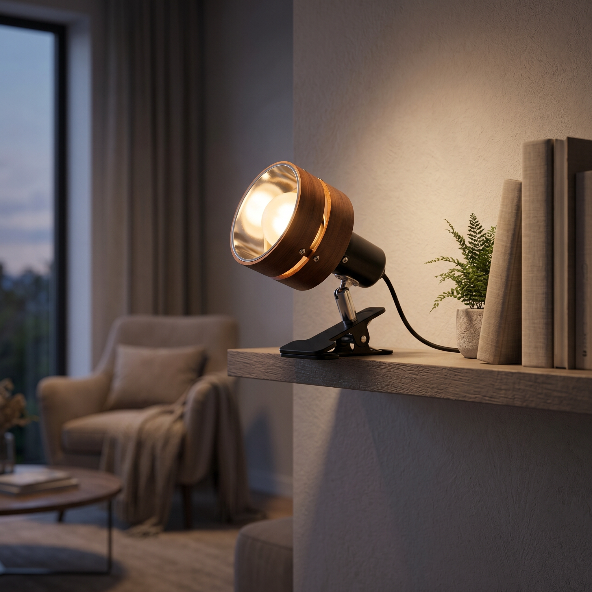 Walnut clip lamp clamped to a living room shelf glowing