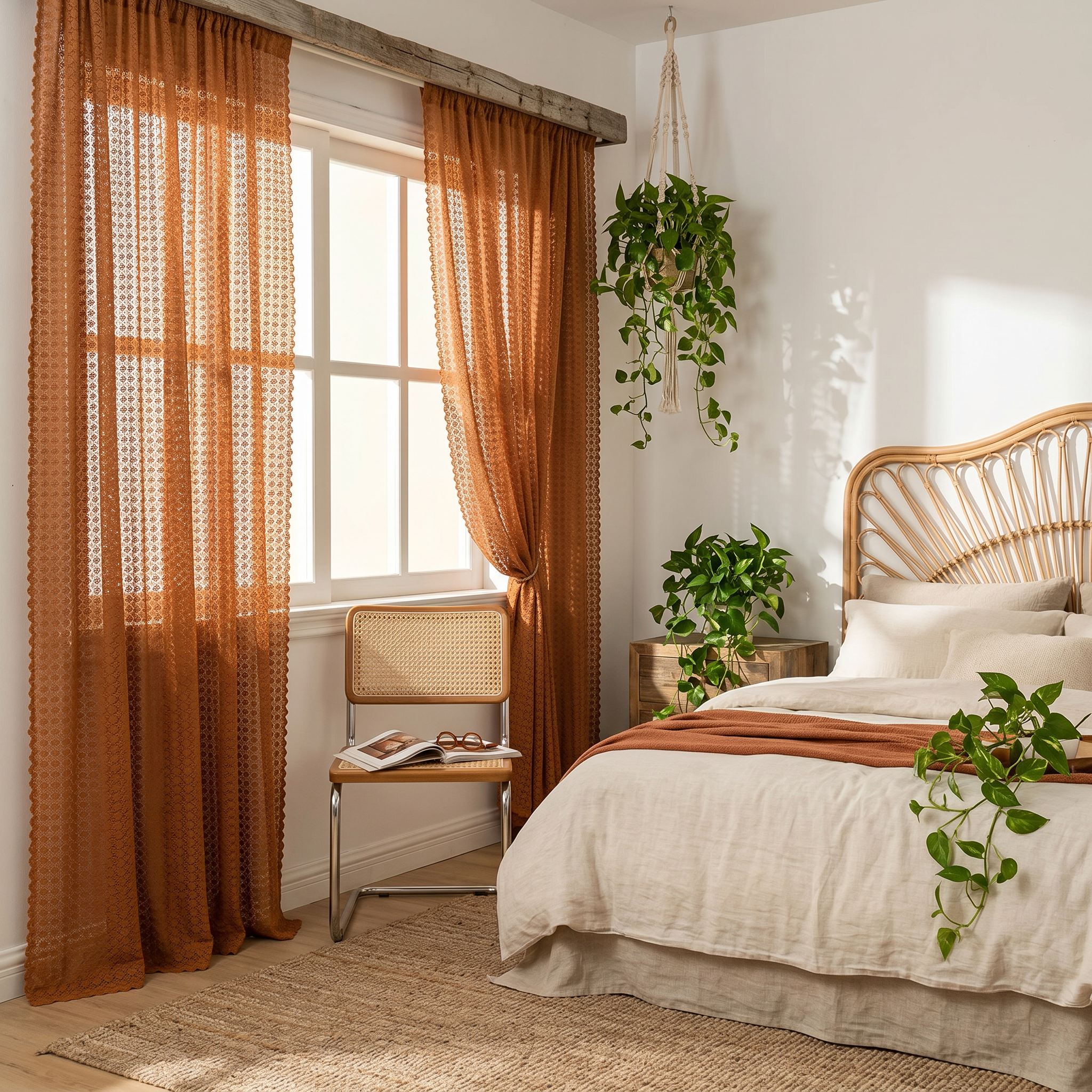 Amber boho crochet curtains in a sunny farmhouse bedroom