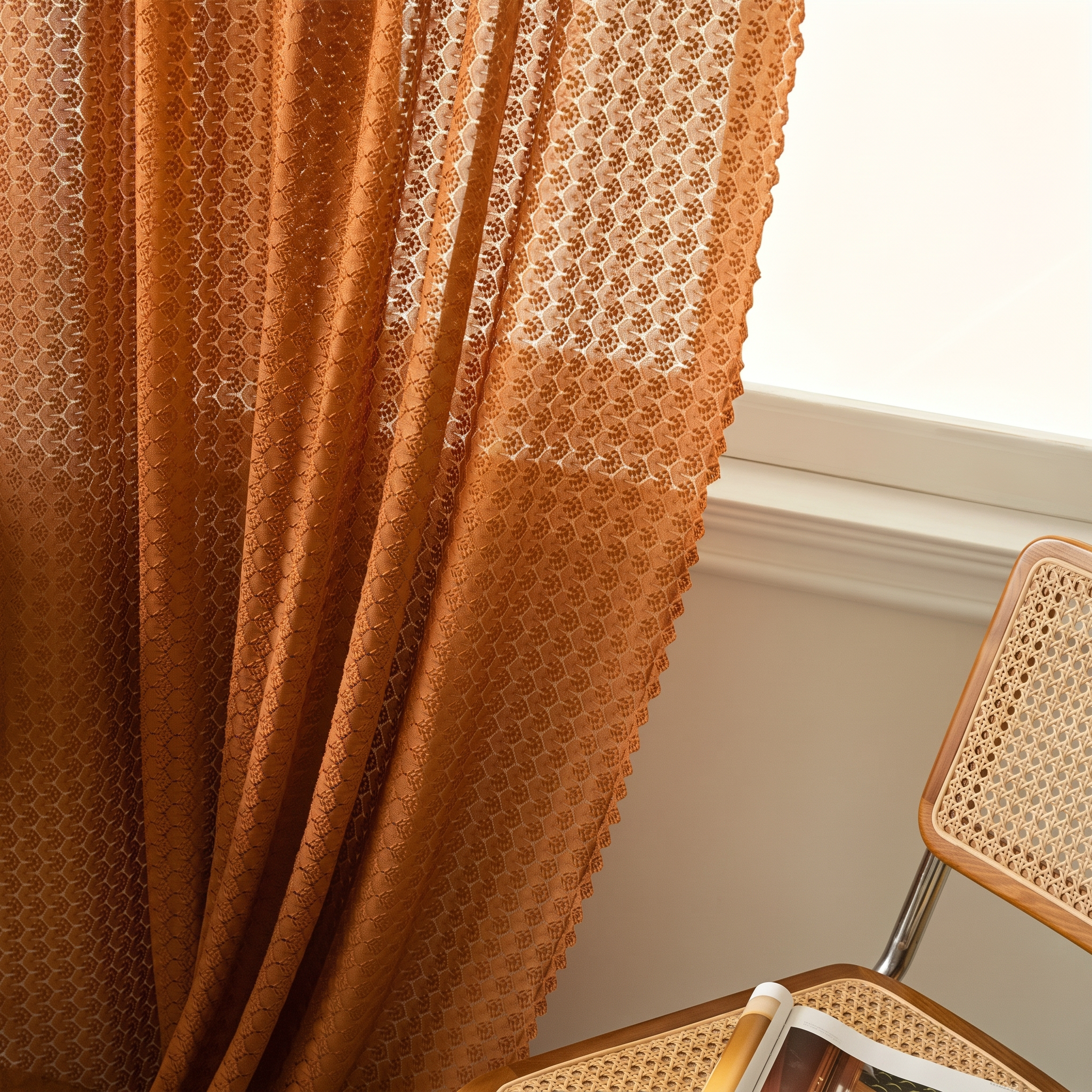 Amber boho crochet curtains in a bright living room