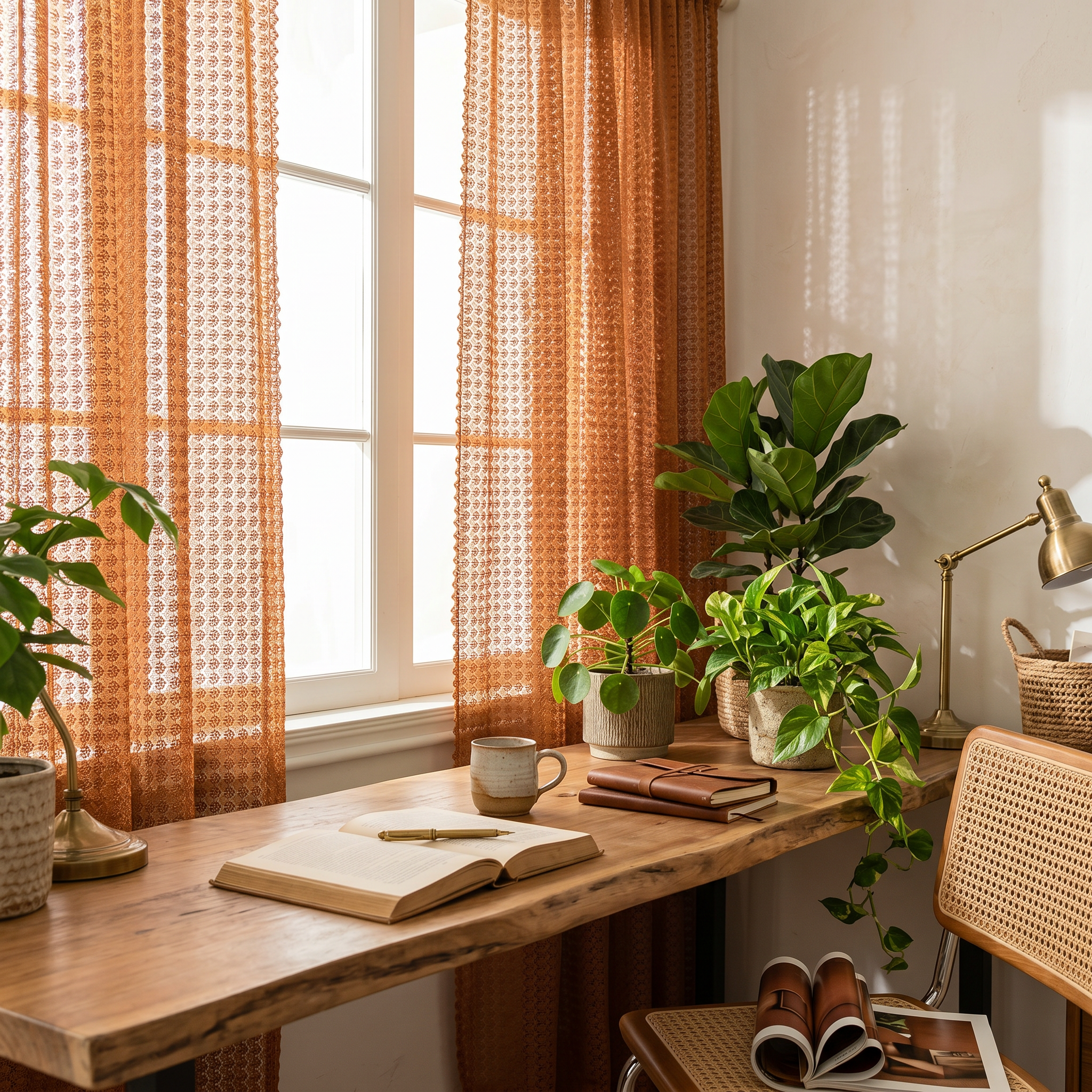 Amber boho crochet curtains in a bright home office