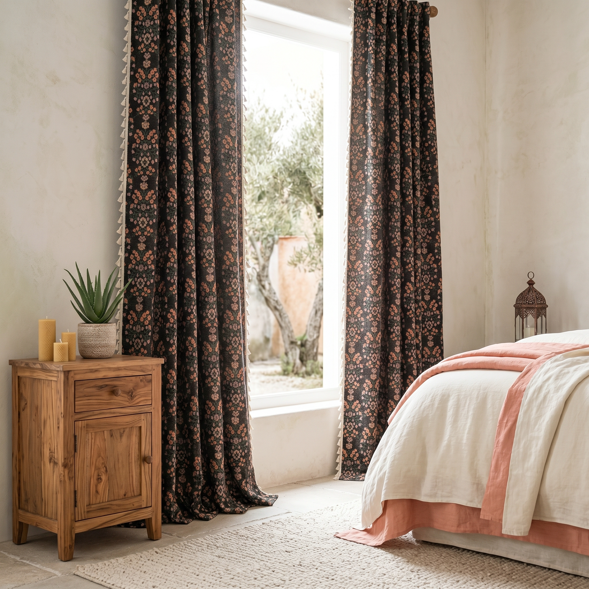 Ebony floral tassel curtains in a Mediterranean bedroom