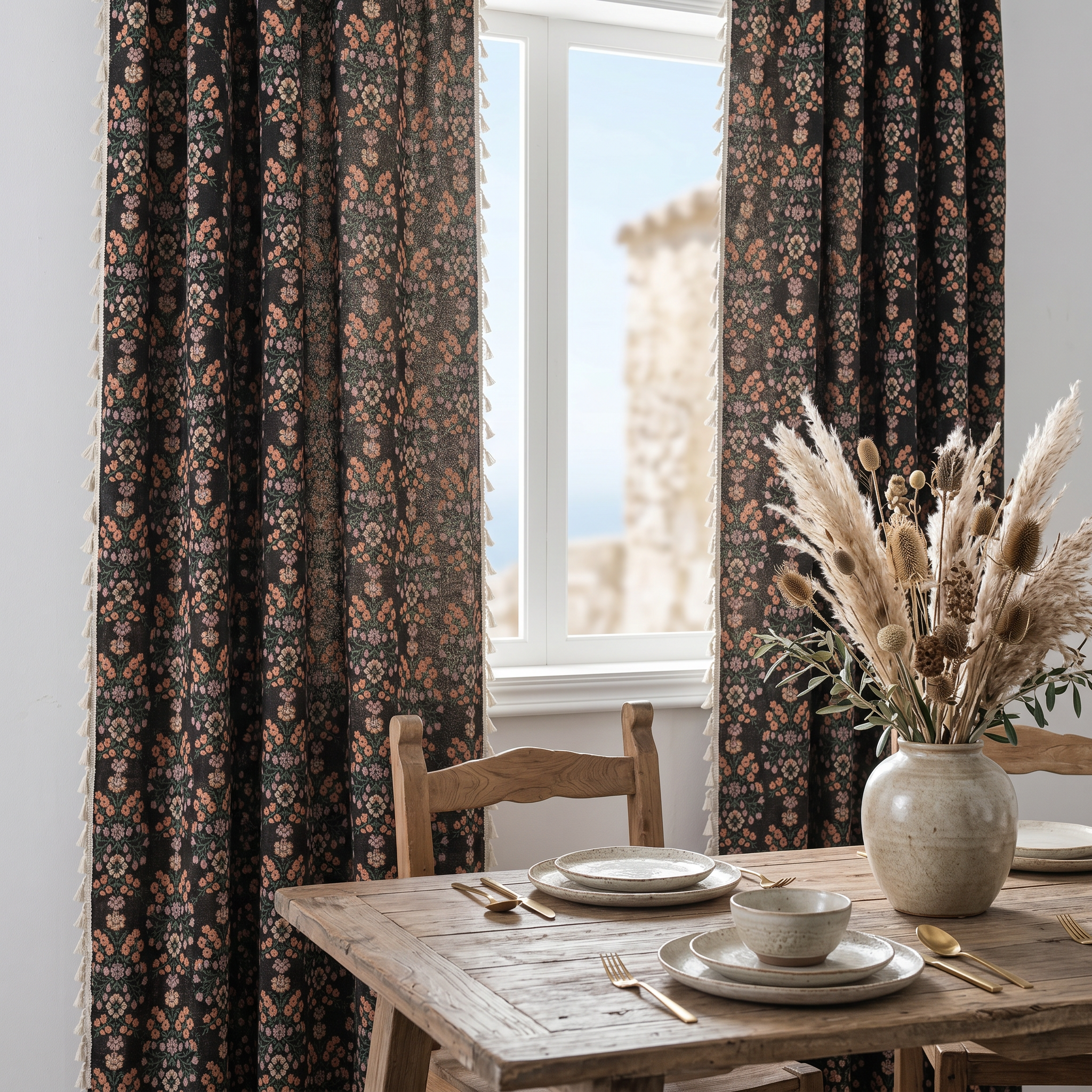 Ebony floral tassel curtains in a dining nook