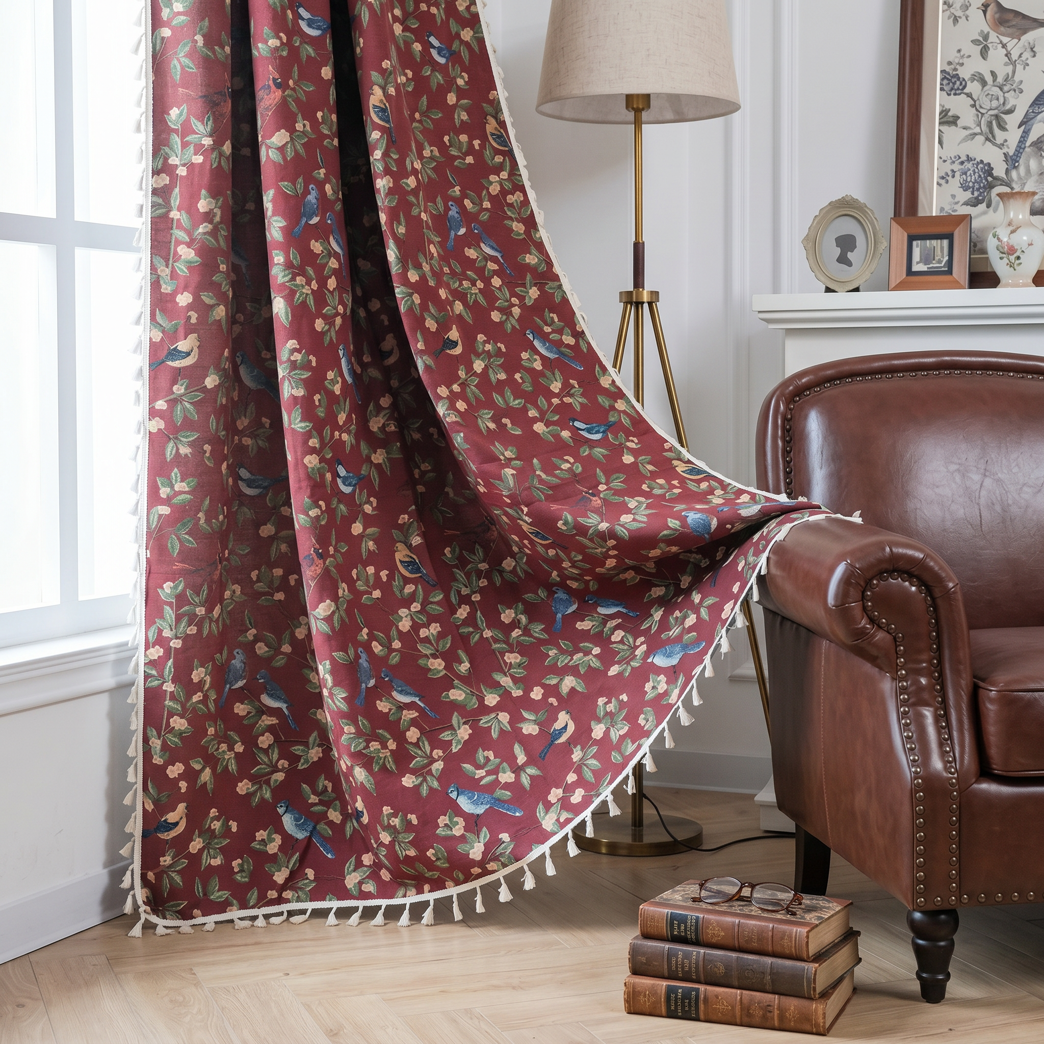 Crimson floral tassel curtains in a cozy reading corner
