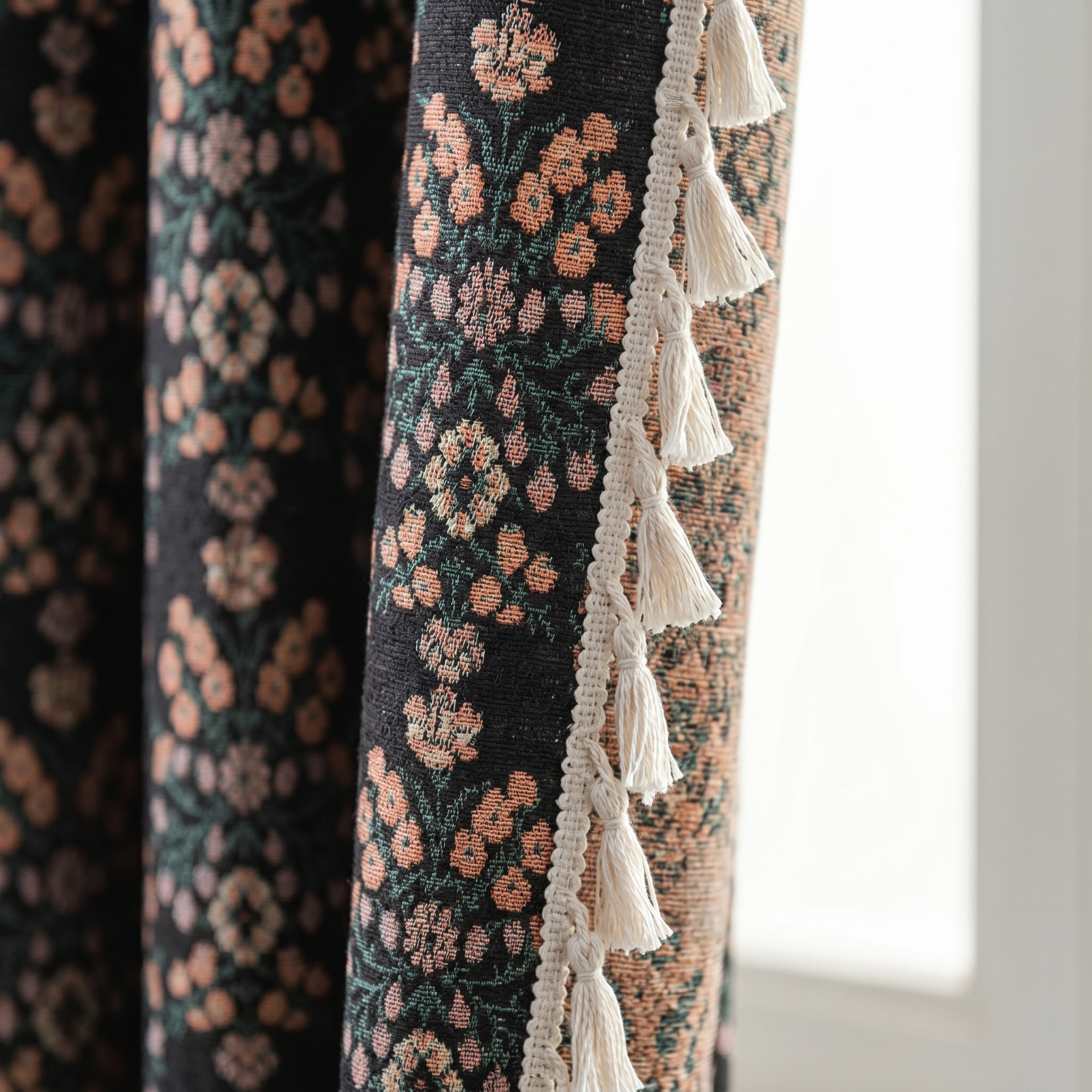 Floral jacquard weave and tassel trim detail