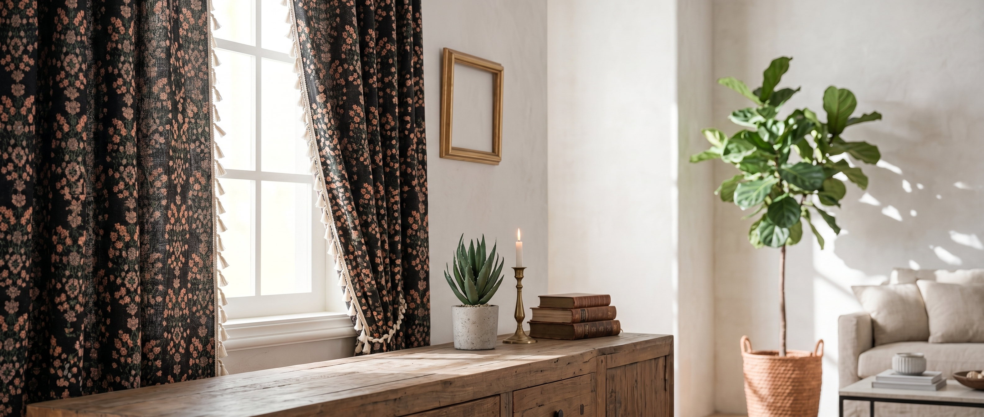 Fiorita floral tassel curtains in a Mediterranean living room banner