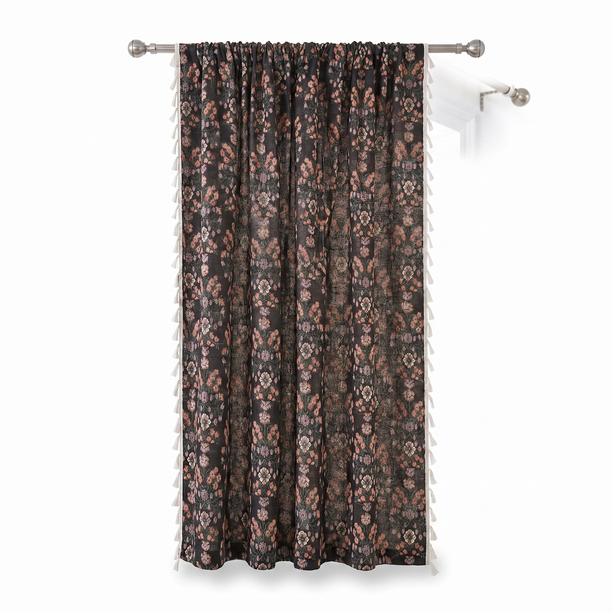 Fiorita floral tassel curtain in Ebony Bloom on white