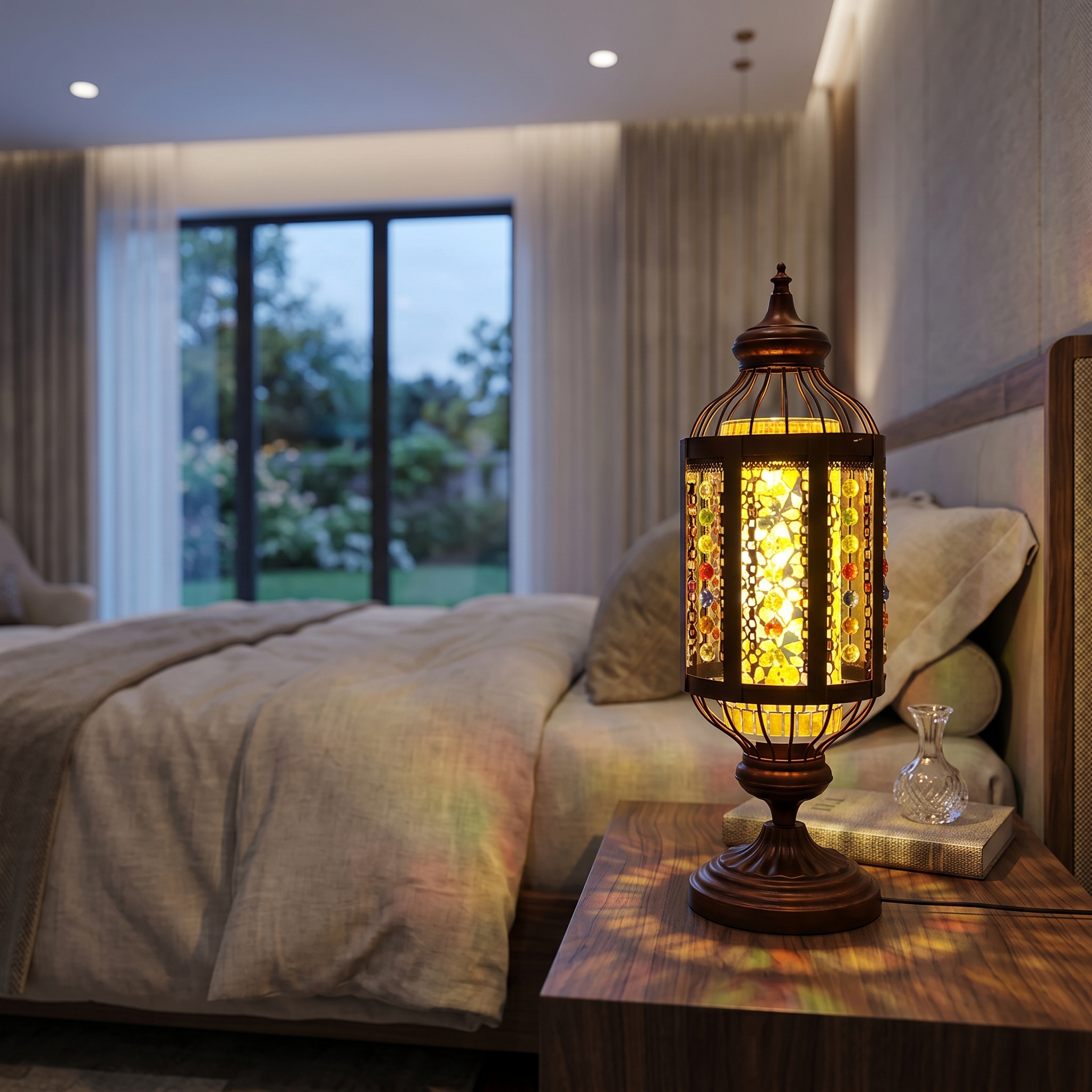 Yellow Mosaico lamp glowing on a bedroom nightstand