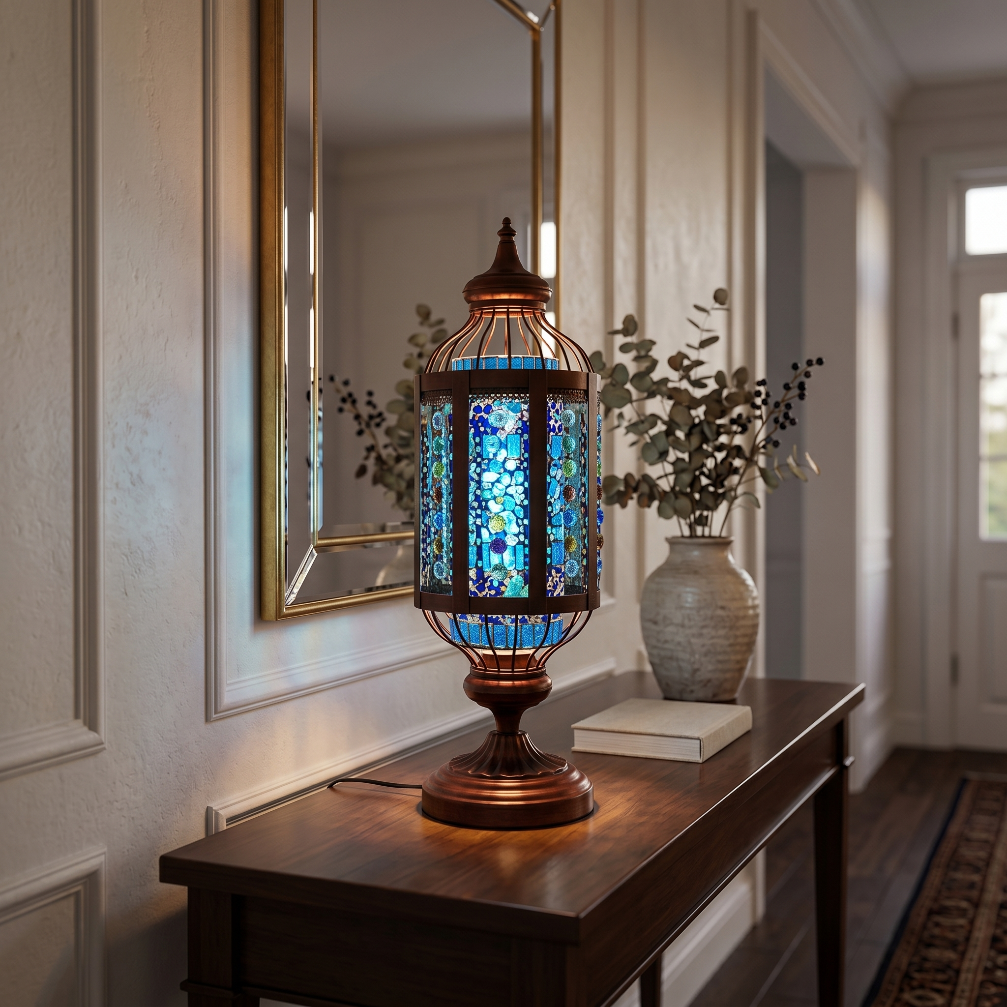 Blue Mosaico lamp glowing on an entryway console