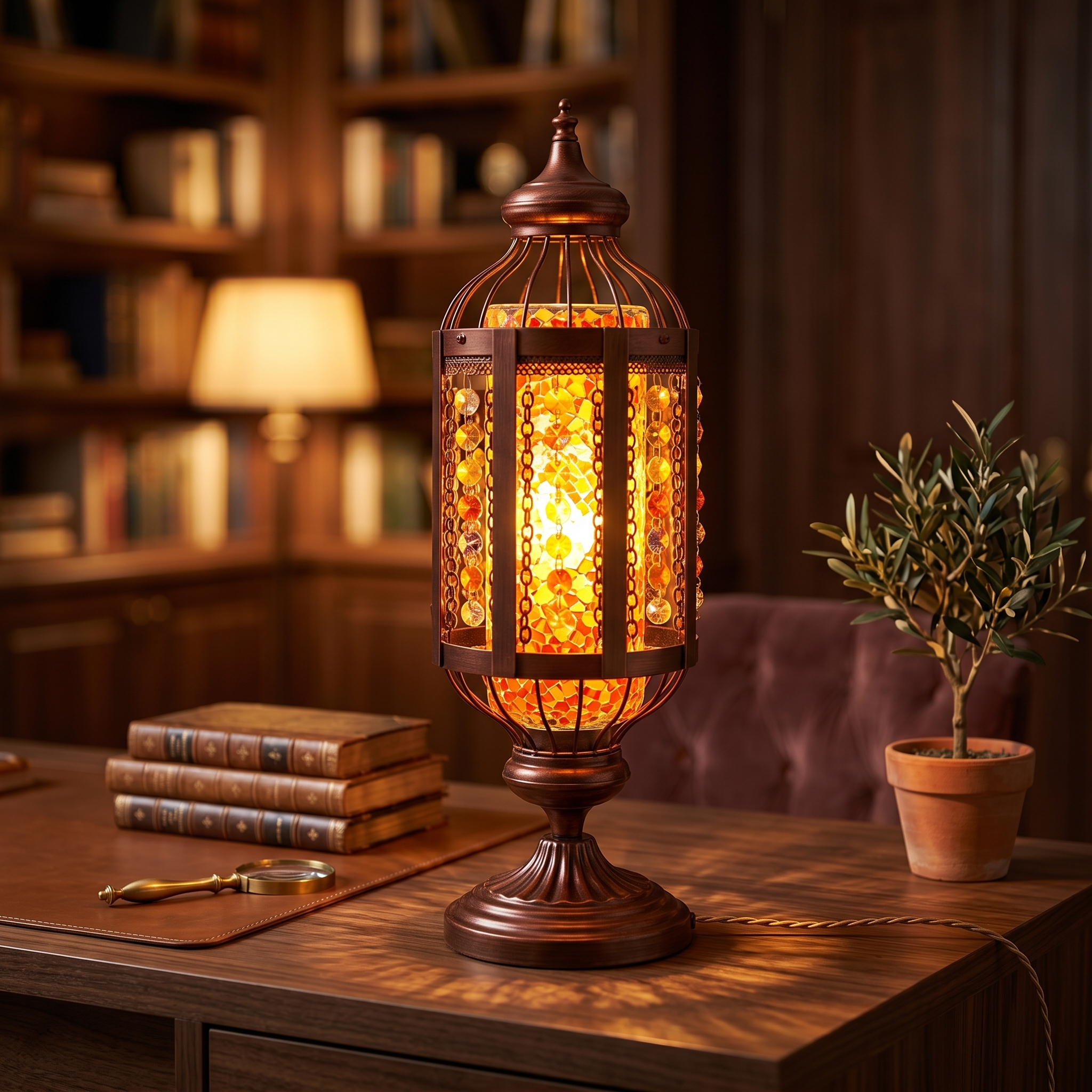 Orange Mosaico lamp glowing on a study desk