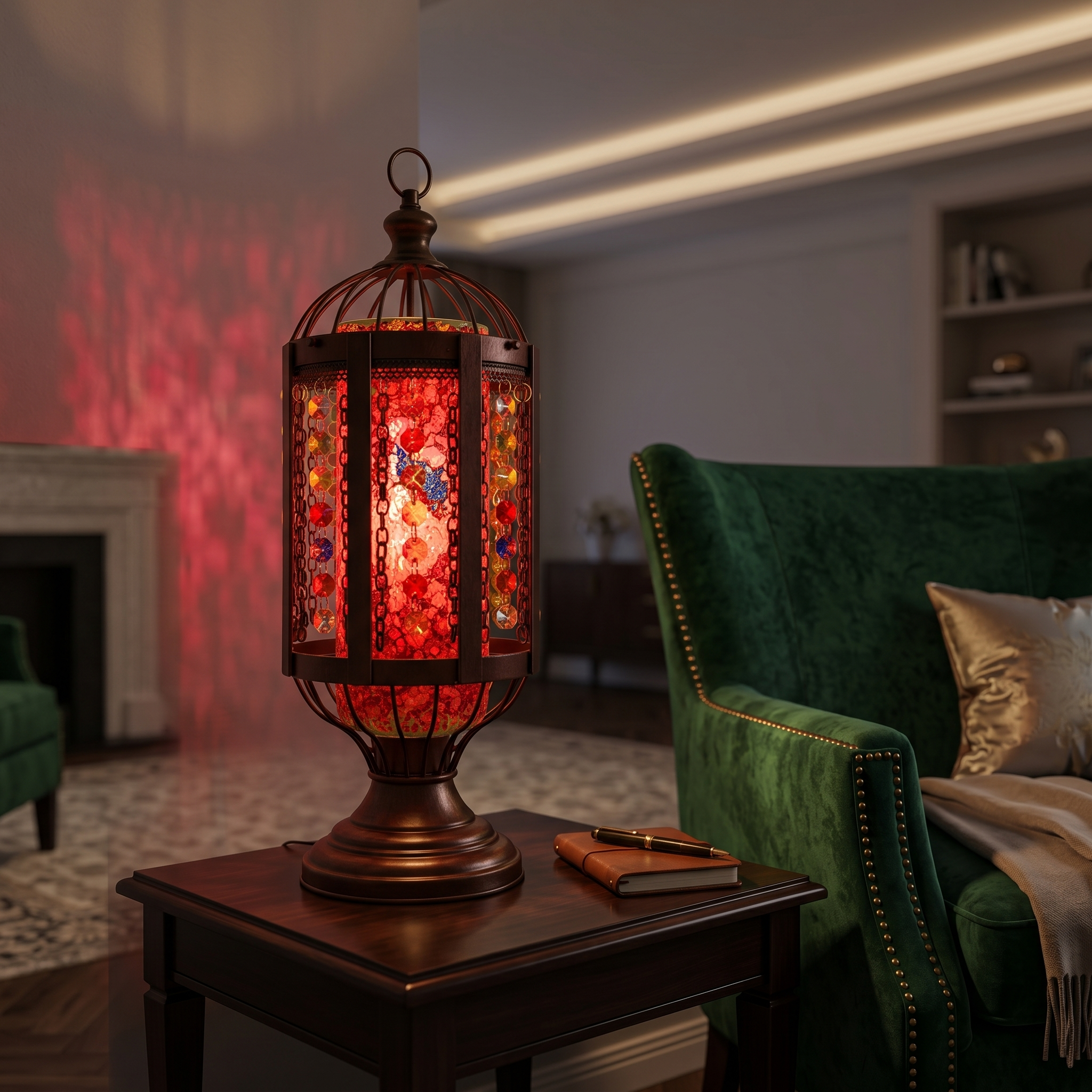 Red Mosaico lamp glowing on a living room side table