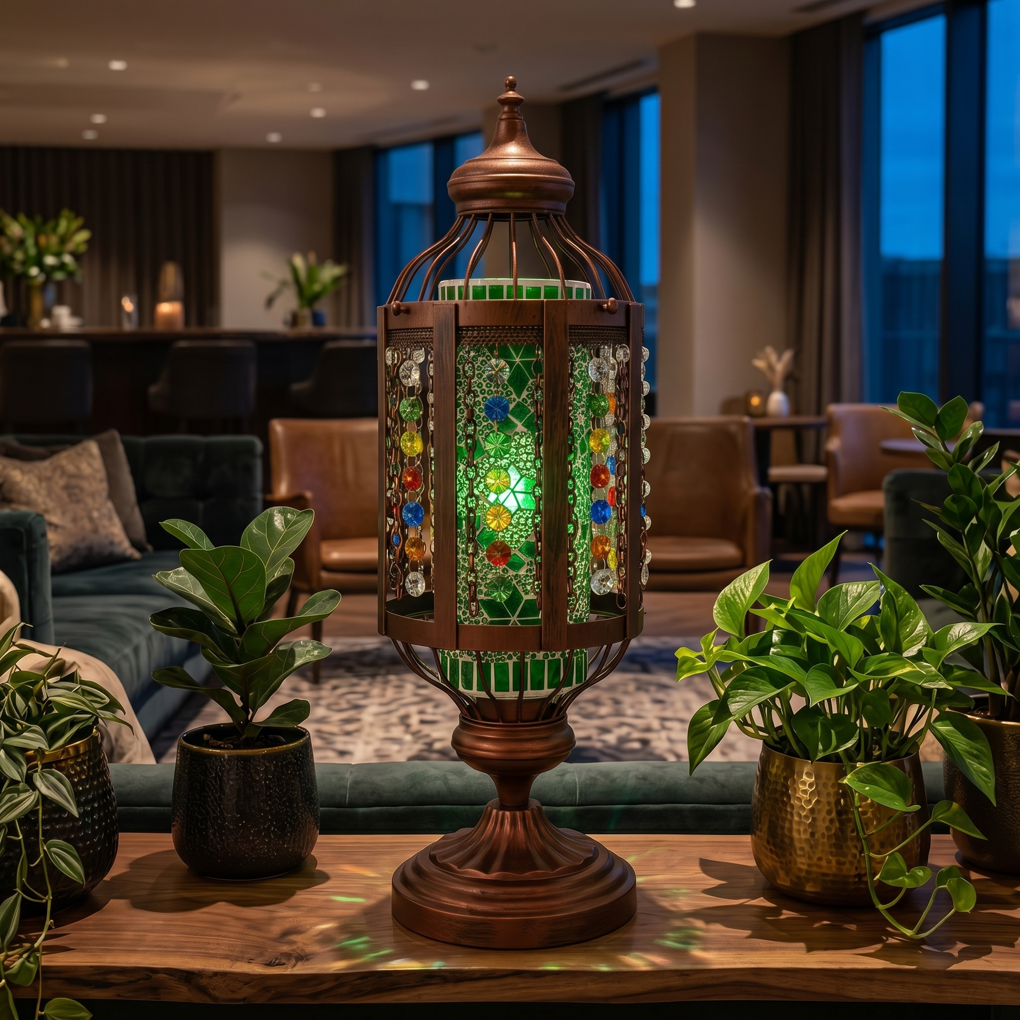 Green Mosaico lamp glowing on a lounge shelf