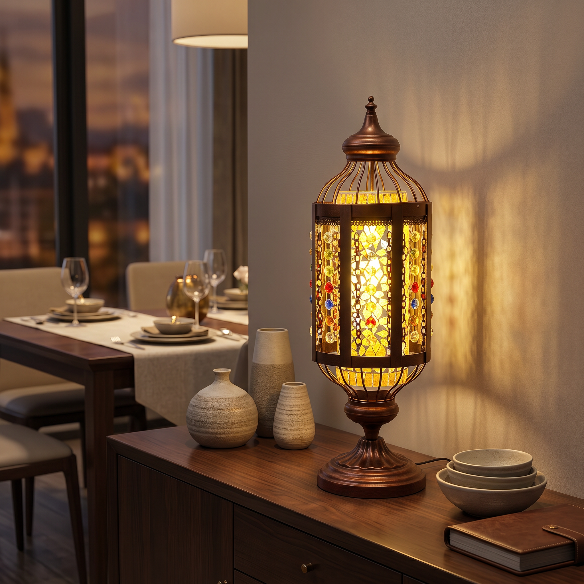 Amber Mosaico lamp glowing on a dining sideboard