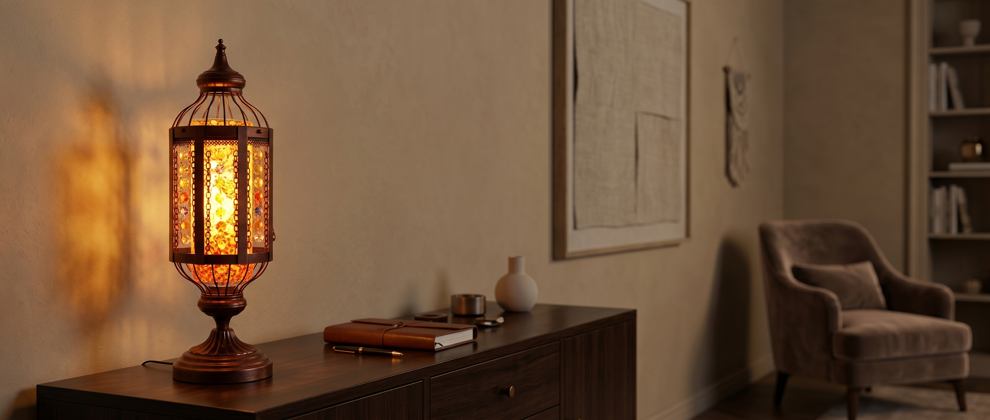 Mosaico stained glass lamp glowing in a living room banner