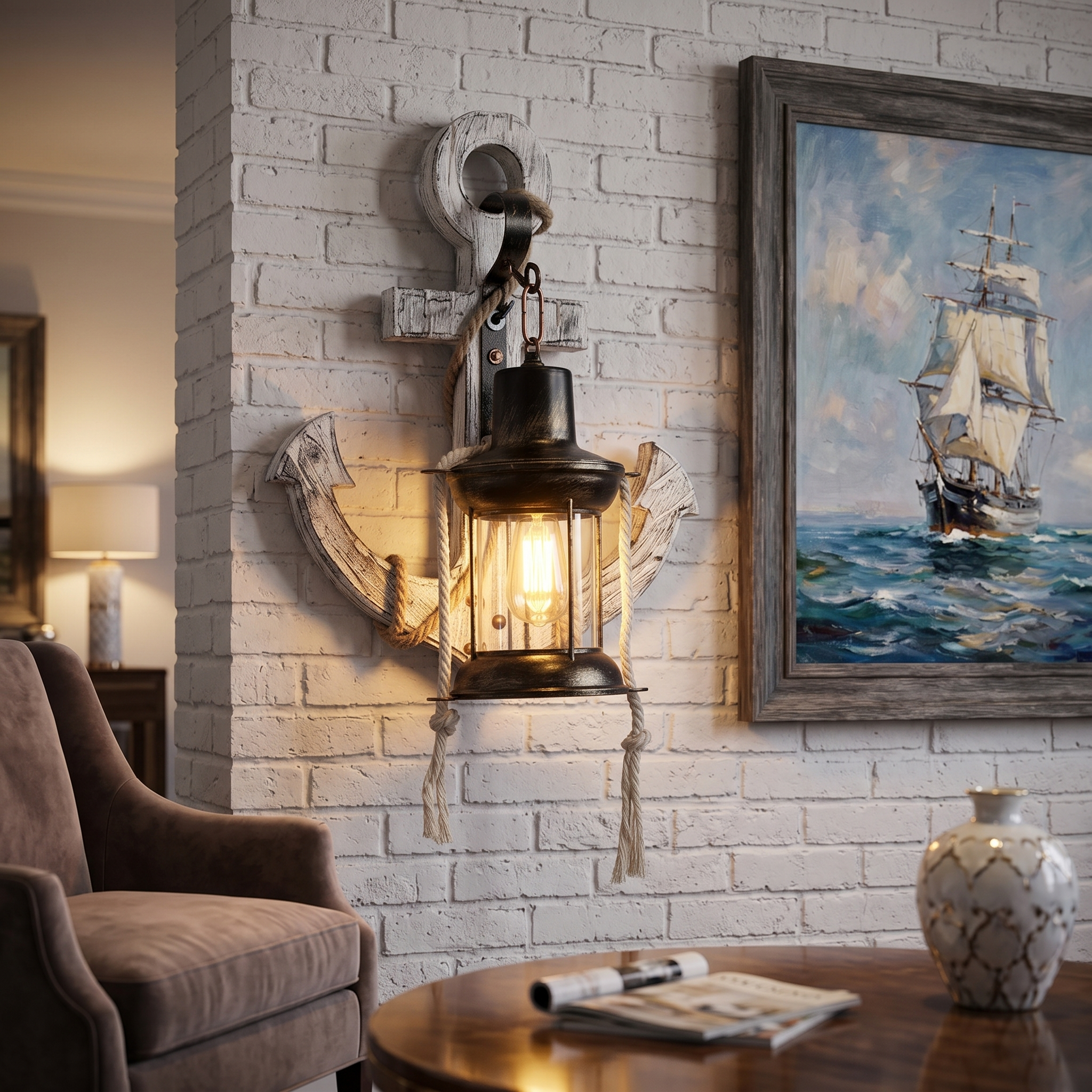 Faro anchor sconce glowing on a living room brick wall