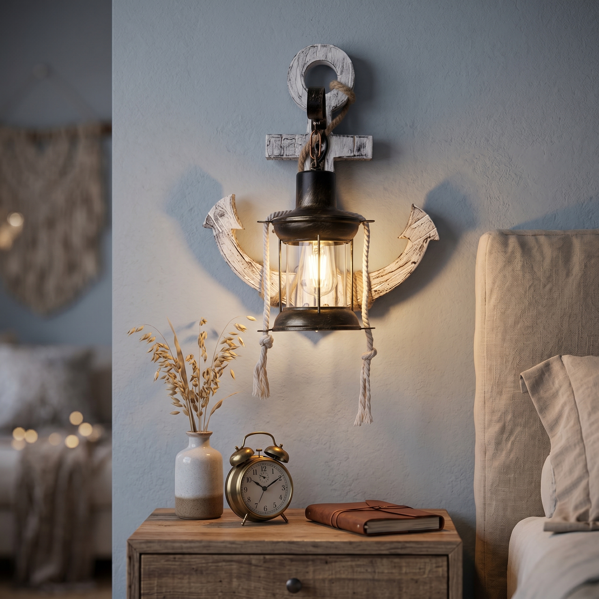 Faro anchor sconce glowing in a bedroom