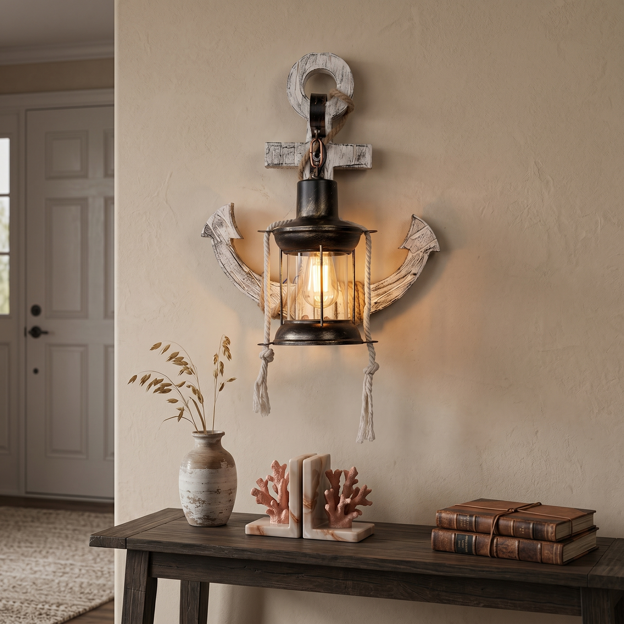 Faro anchor sconce glowing above an entryway console