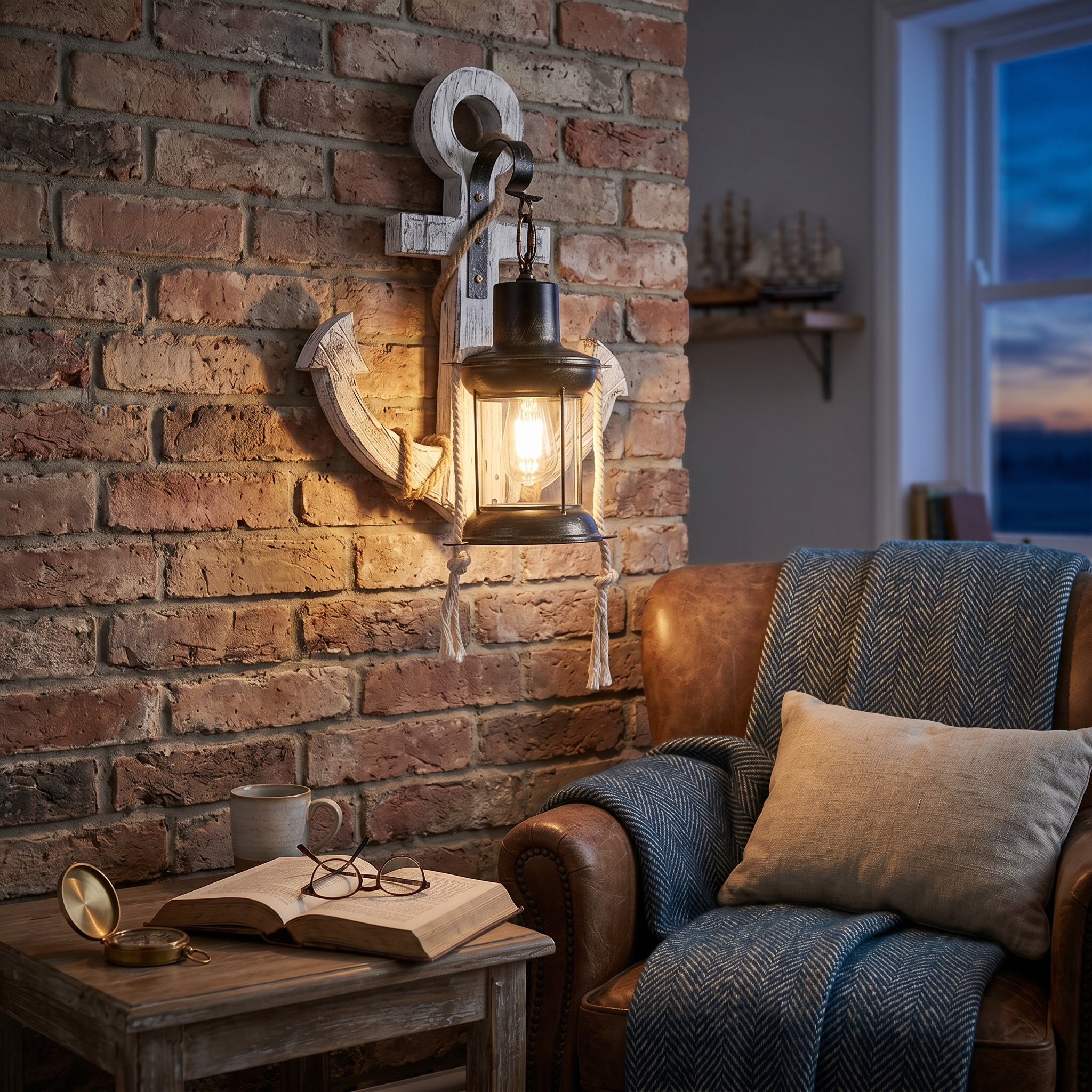 Faro anchor sconce glowing in a brick reading nook