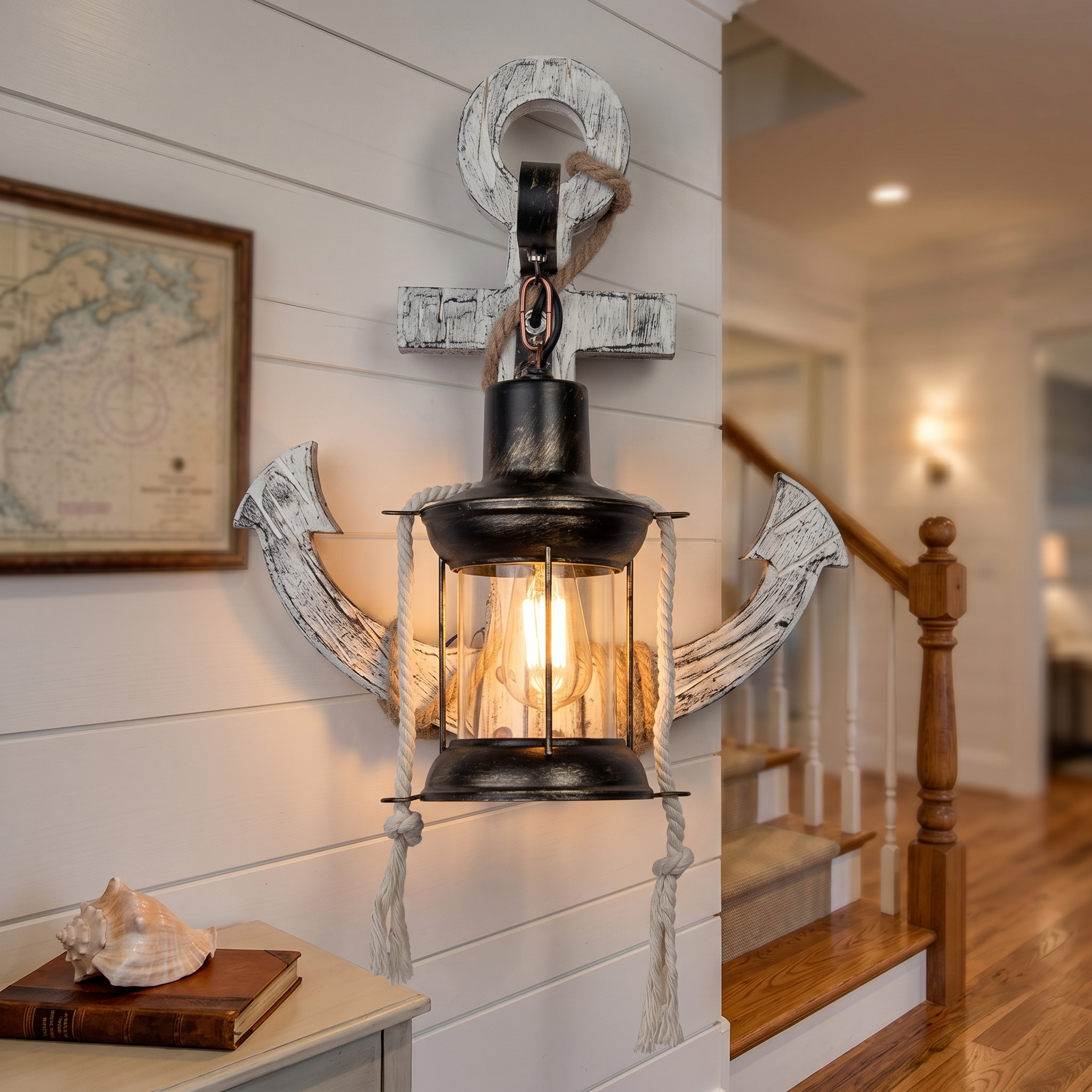 Faro anchor sconce glowing on a staircase landing