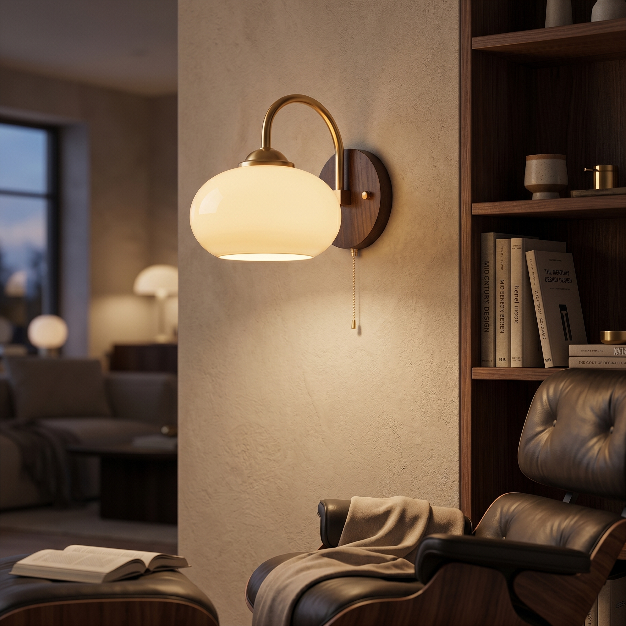 Oval beige Tramonto sconce glowing in a reading corner