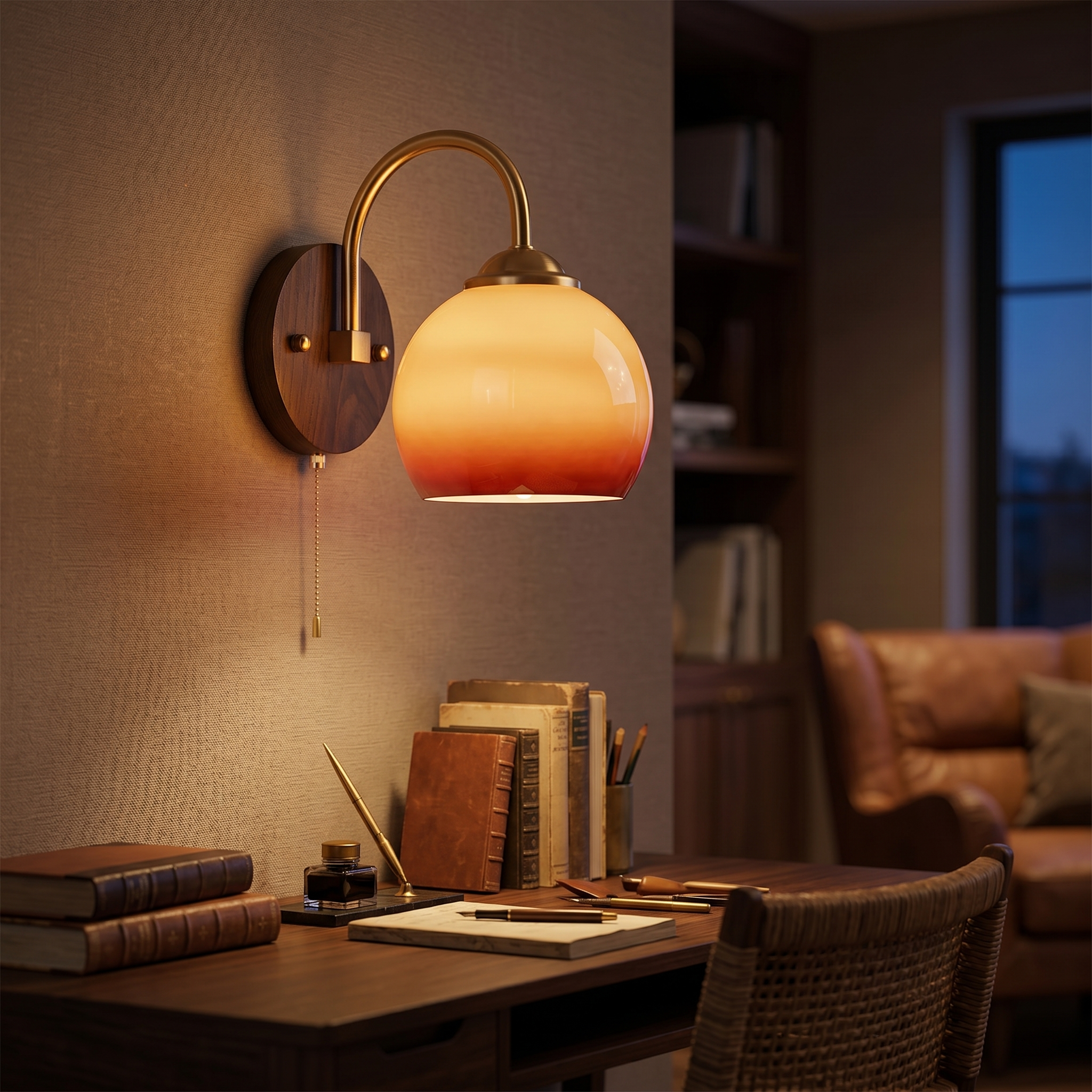 Round caramel Tramonto sconce glowing in a study