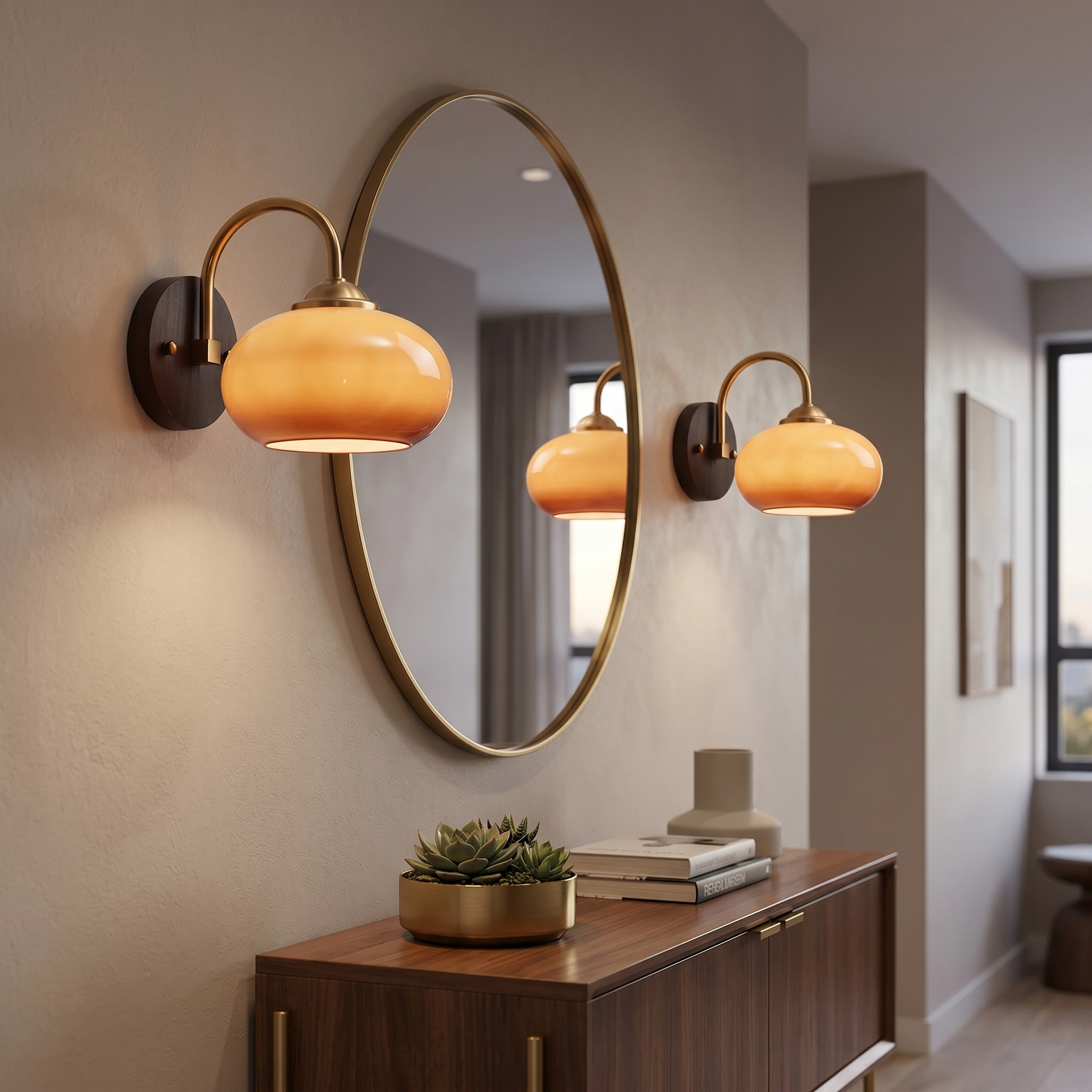 Pair of oval caramel Tramonto sconces flanking a hallway mirror