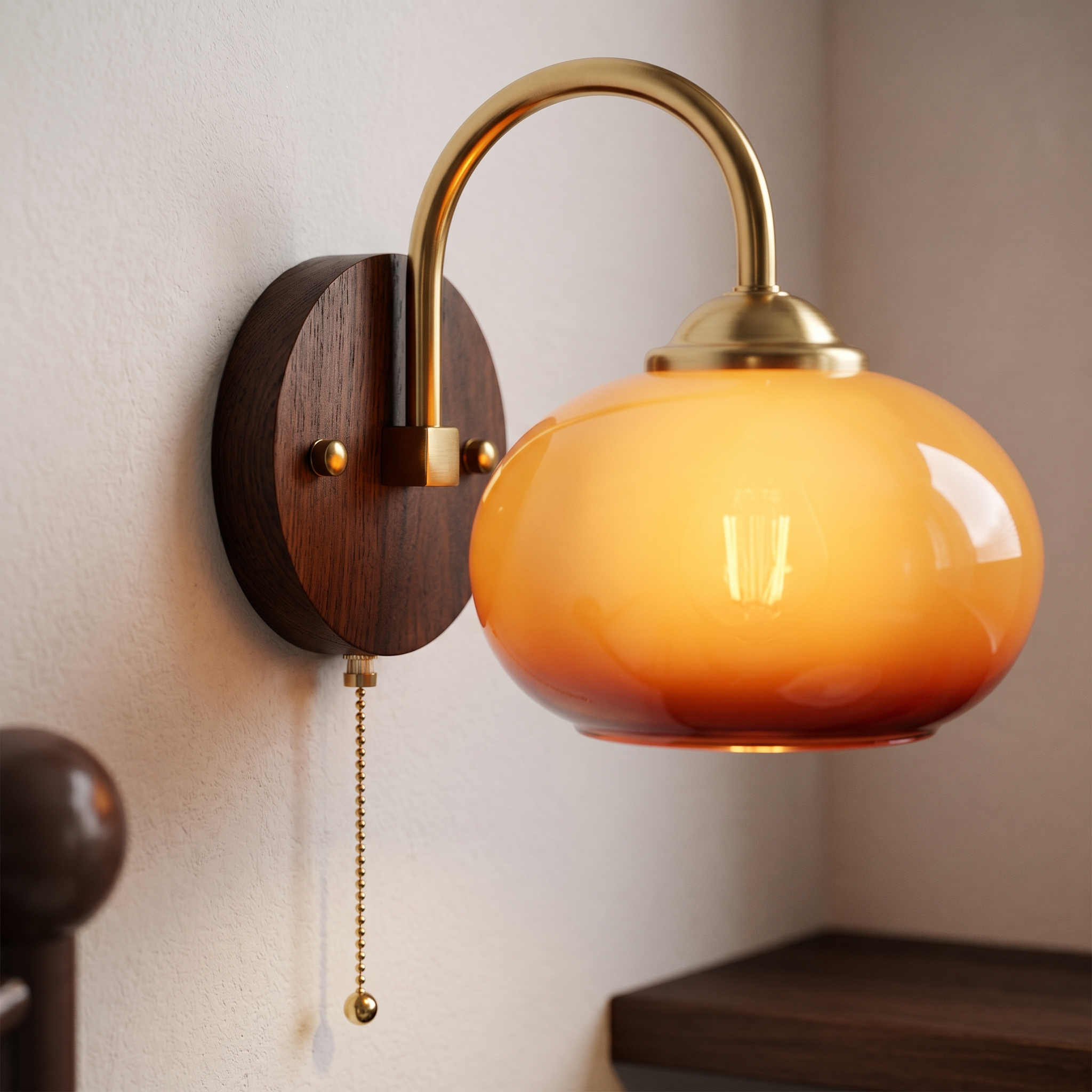 Close-up of the Tramonto glowing globe, brass arm and walnut backplate